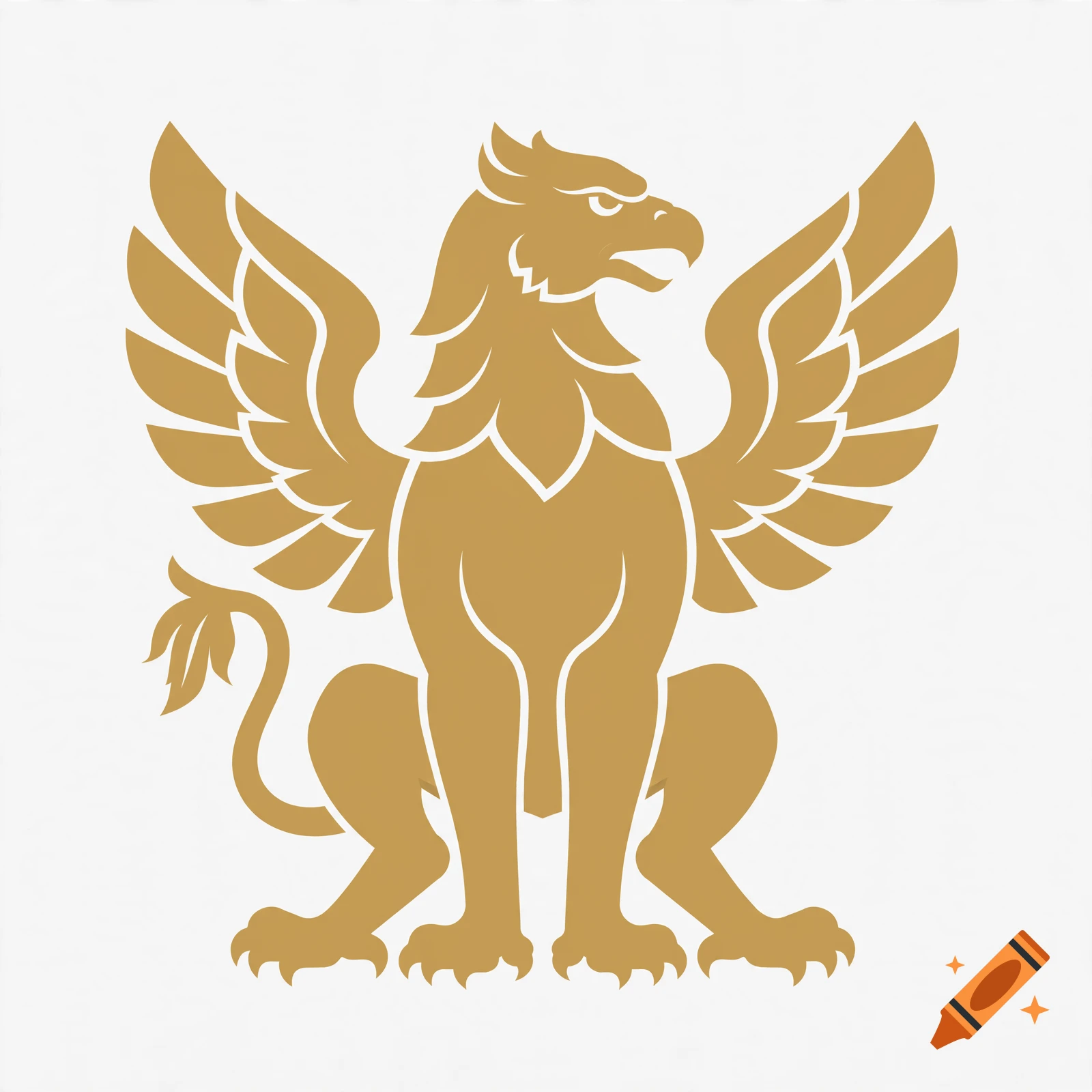 Gold vector illustration of a griffin with spread wings sitting upright against a light grey background.