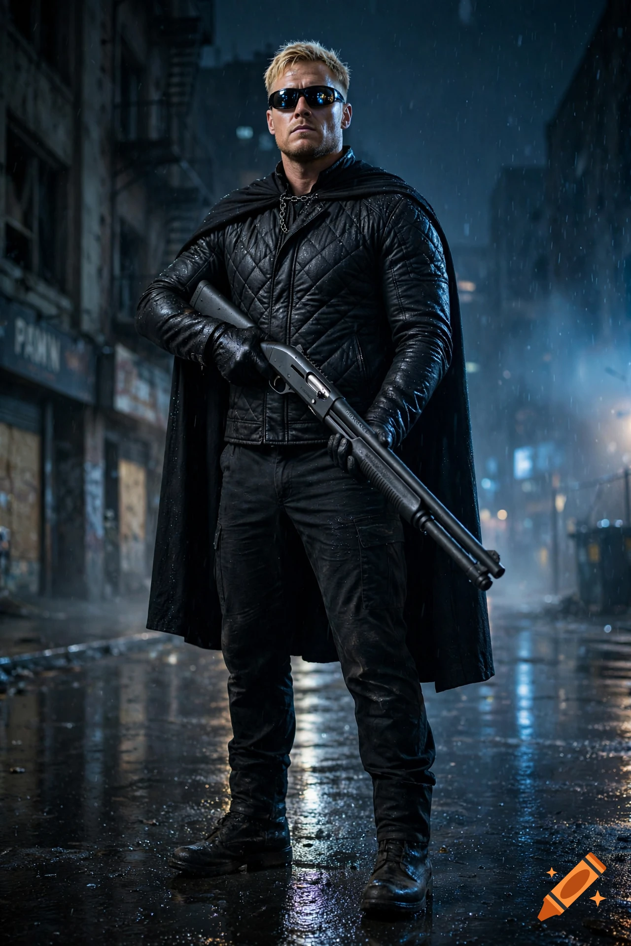 Photorealistic image of a blond male mercenary in a black quilted jacket and cape, holding a shotgun in a wet, dark urban street at night.