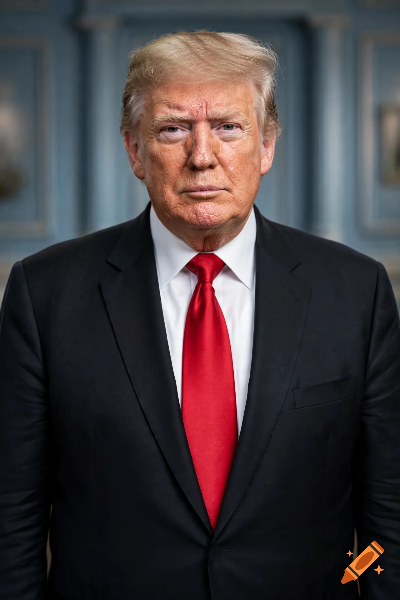 Photorealistic portrait of a man in a black suit and red tie against a blue background.