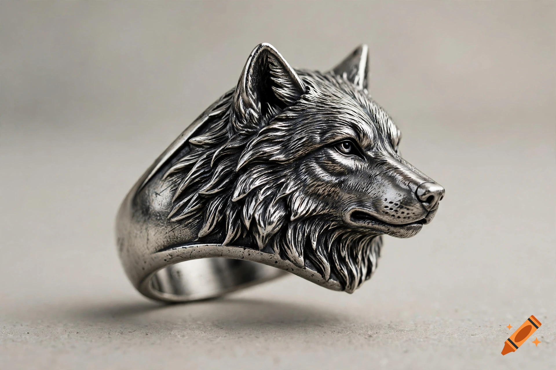 A detailed silver ring featuring the sculpted head of a wolf in profile against a neutral background.