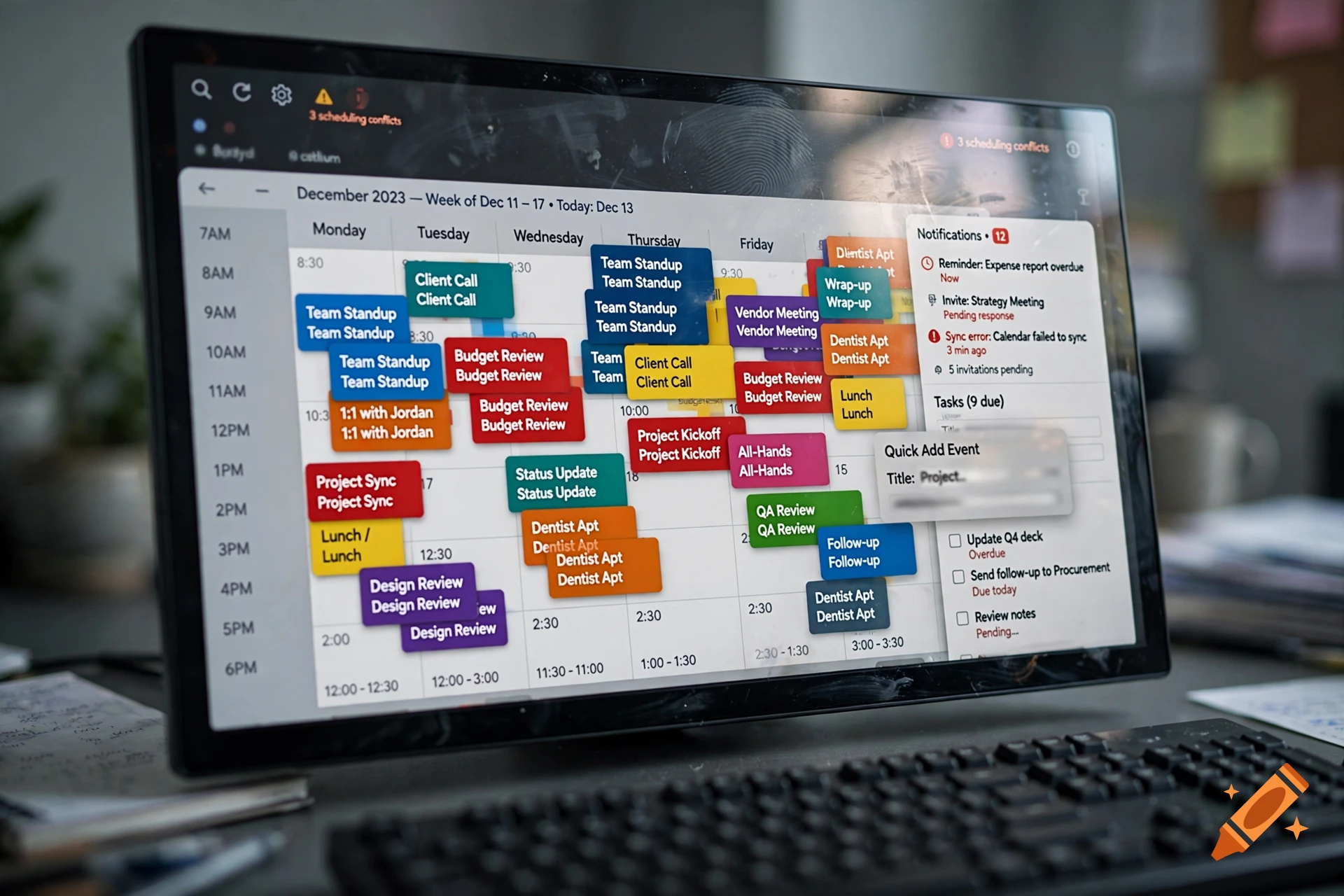 Close-up of a computer monitor displaying a messy digital calendar with color-coded overlapping events.