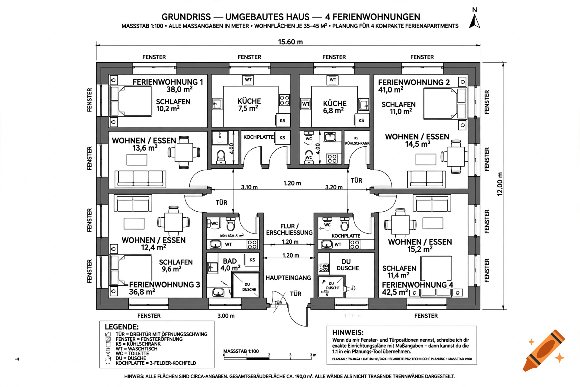 Black and white technical floor plan of a converted house with four vacation apartments, complete with room labels and measurements.
