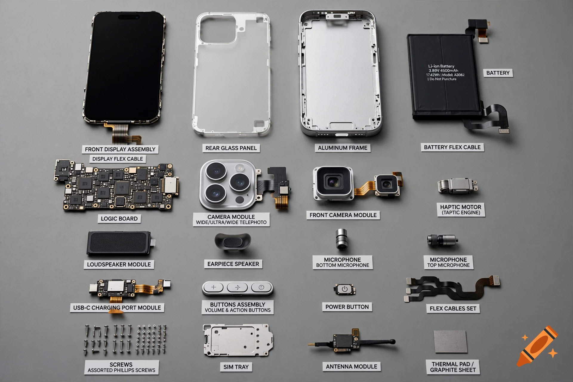 Photorealistic flat lay of disassembled iPhone 17 parts neatly organized with labels on a grey surface.