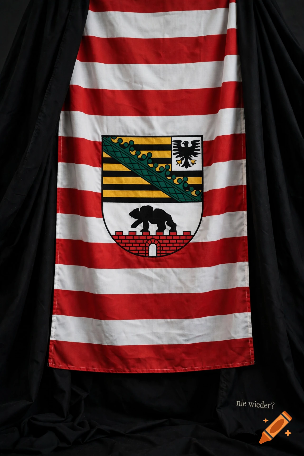 Flag of Saxony-Anhalt draped in black mourning cloth with the text nie wieder in the bottom right corner, photorealistic.