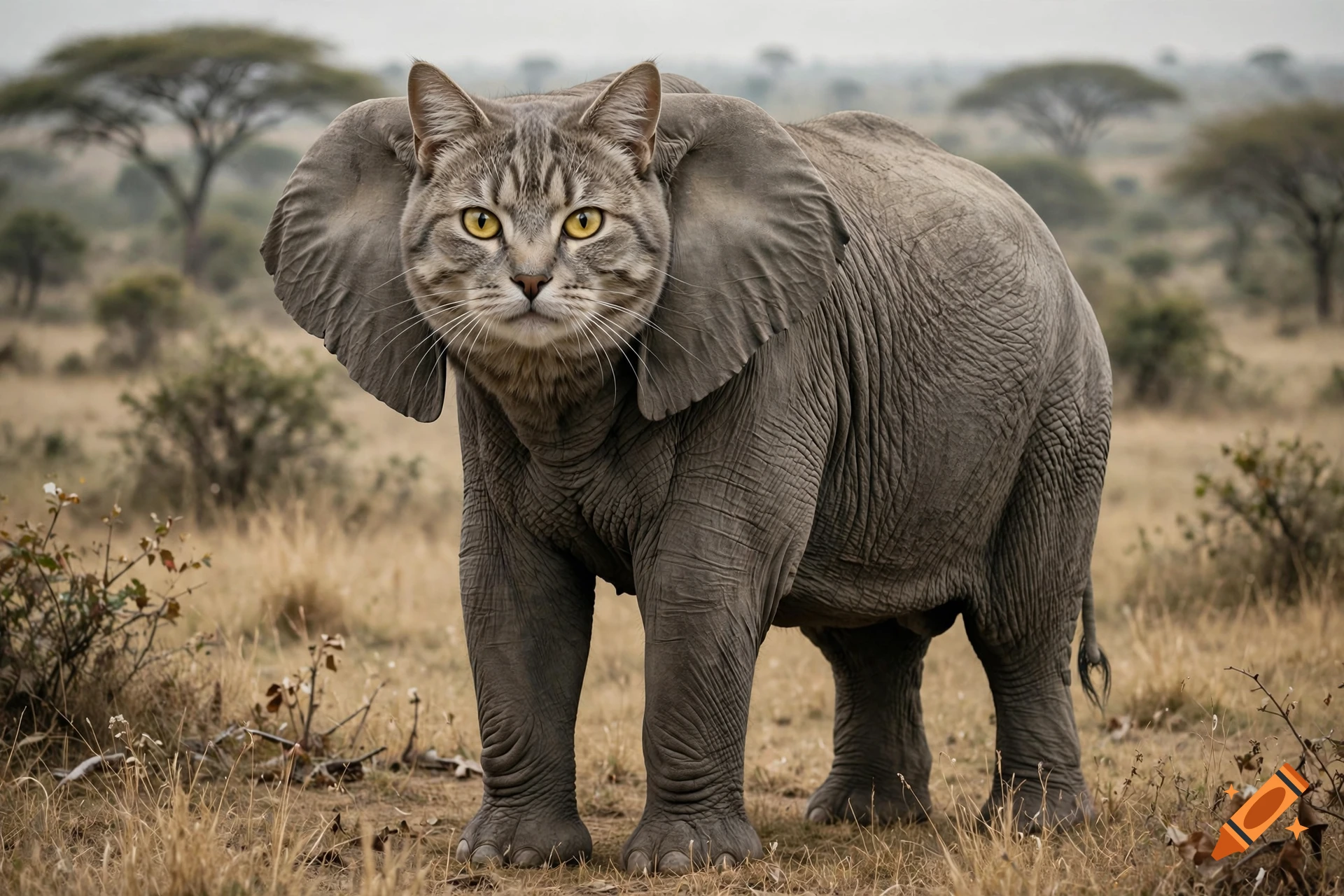 Photorealistic surreal image of a cat's head merged onto an elephant's body, standing in a savannah landscape.