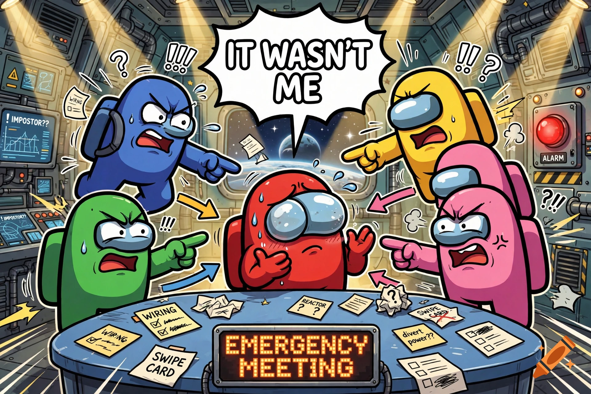 Cartoon illustration of four Among Us crewmates accusing a sweating red crewmate in a spaceship control room.