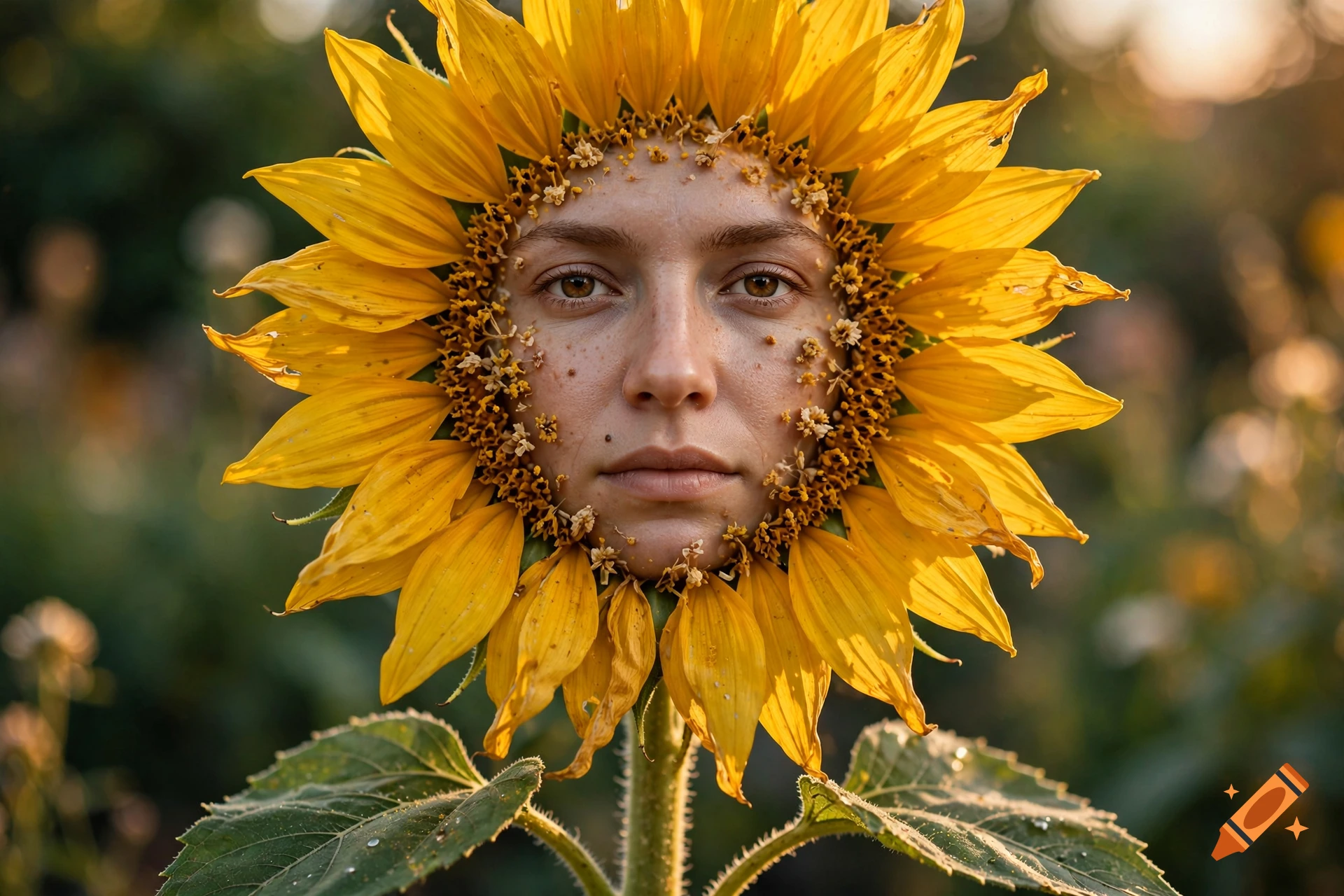 Photorealistic close-up of a sunflower where the brown center is replaced by a human face.