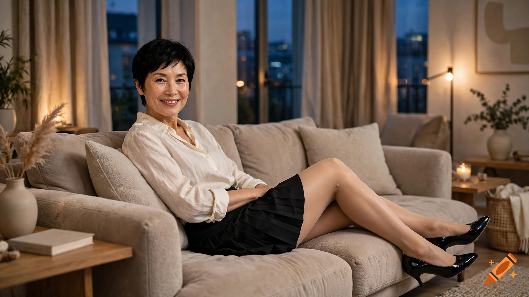 Photorealistic image of a smiling middle-aged woman with short black hair sitting on a beige sofa in a modern living room at evening.