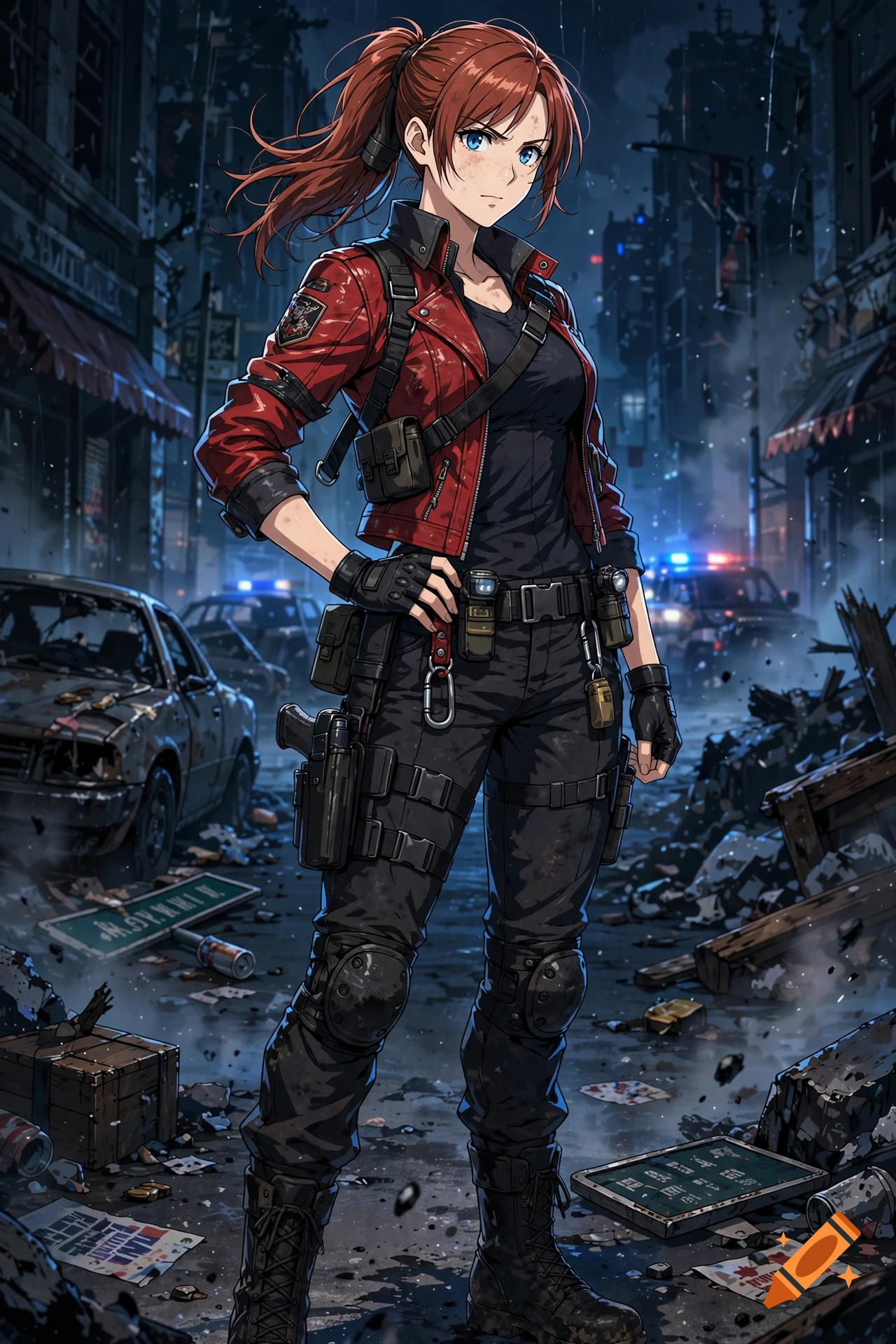 An anime-style woman in tactical gear and a red jacket standing in a ruined city street at night.