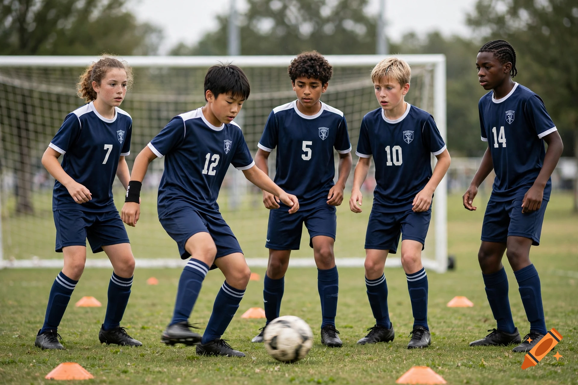 Photorealistic image of five youths in matching blue soccer uniforms practicing with a soccer ball on a grass field with a goal in the background.