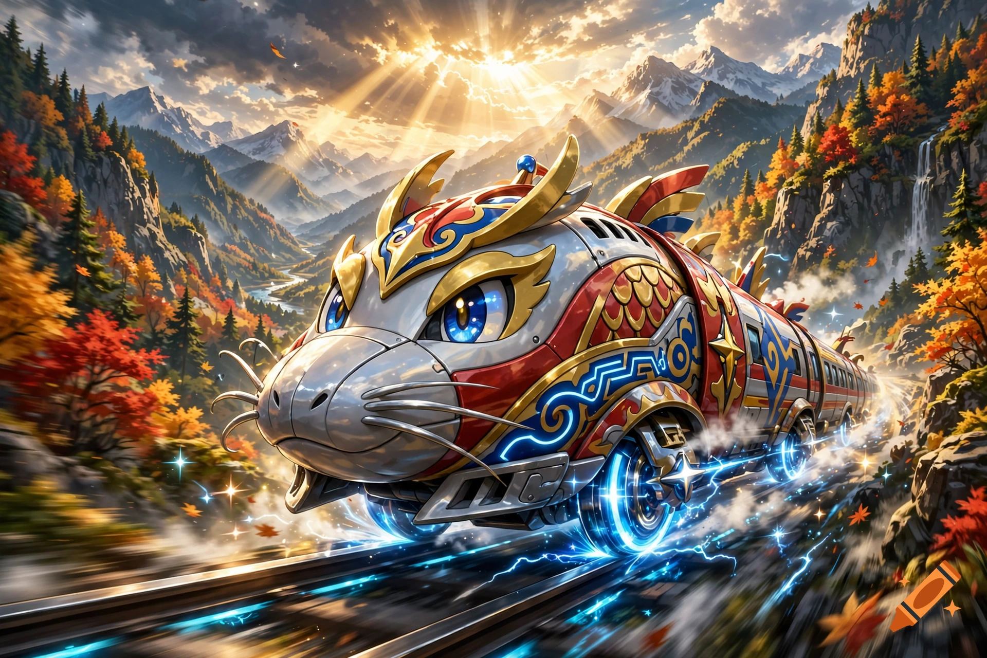 An ornate dragon-themed train races along mountain tracks surrounded by autumn forests and glowing blue energy.