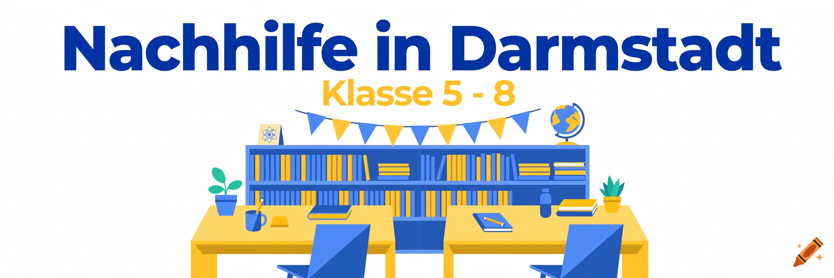 A clean blue and yellow vector banner with the text Nachhilfe in Darmstadt and Klasse 5 - 8 over a library illustration.