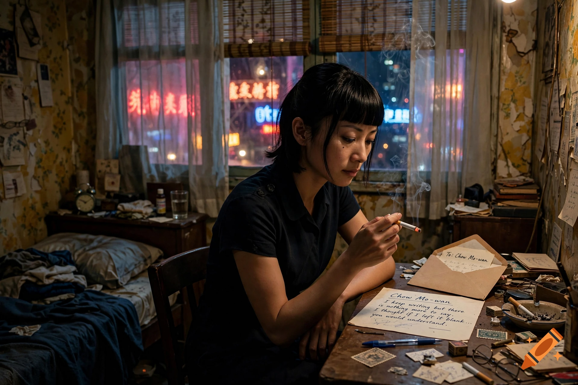 Photorealistic scene of a woman with short dark hair smoking a cigarette at a desk with letters in a dimly lit room.
