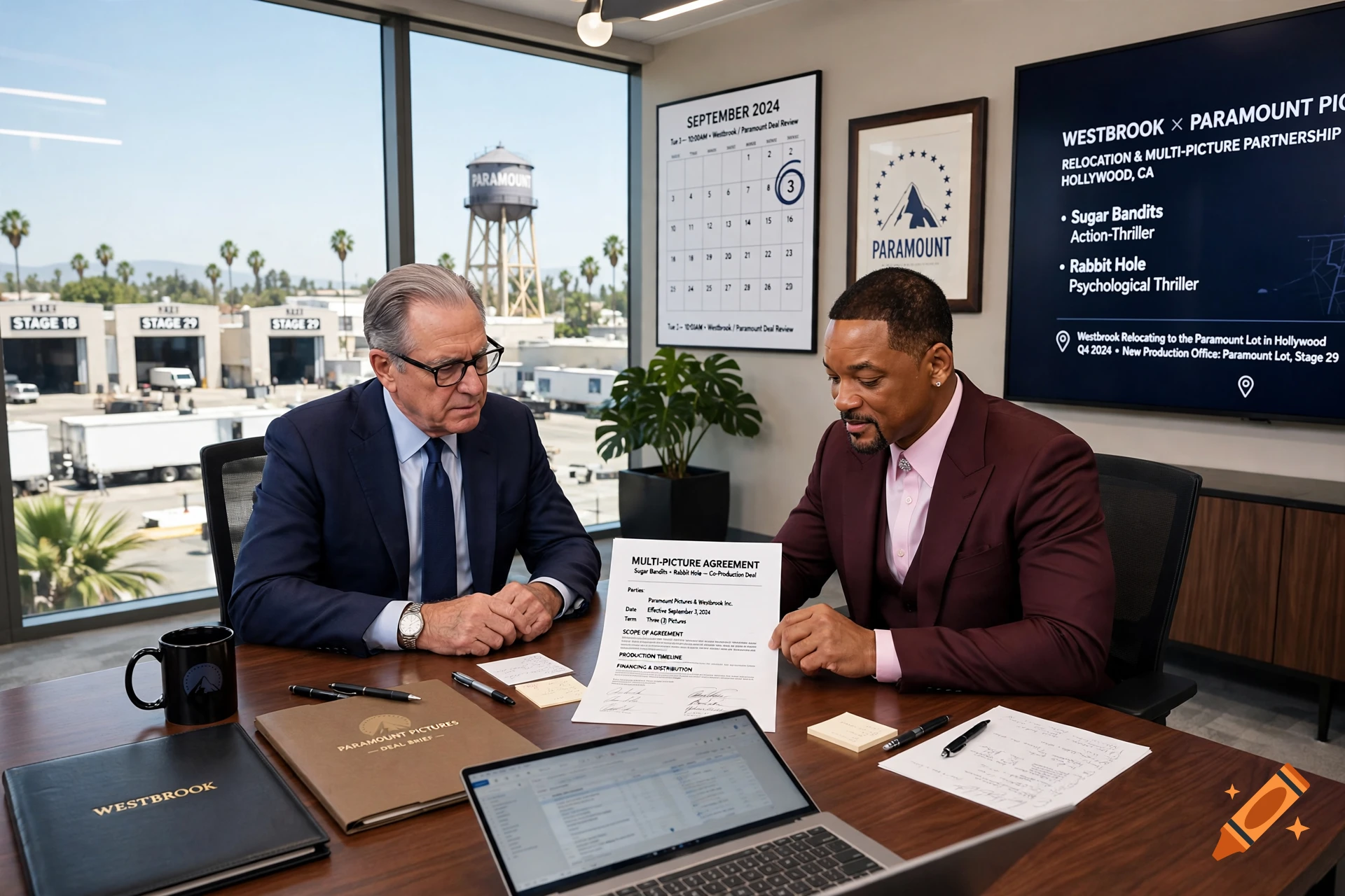 Photorealistic scene of two men in a modern office reviewing a multi-picture agreement document.