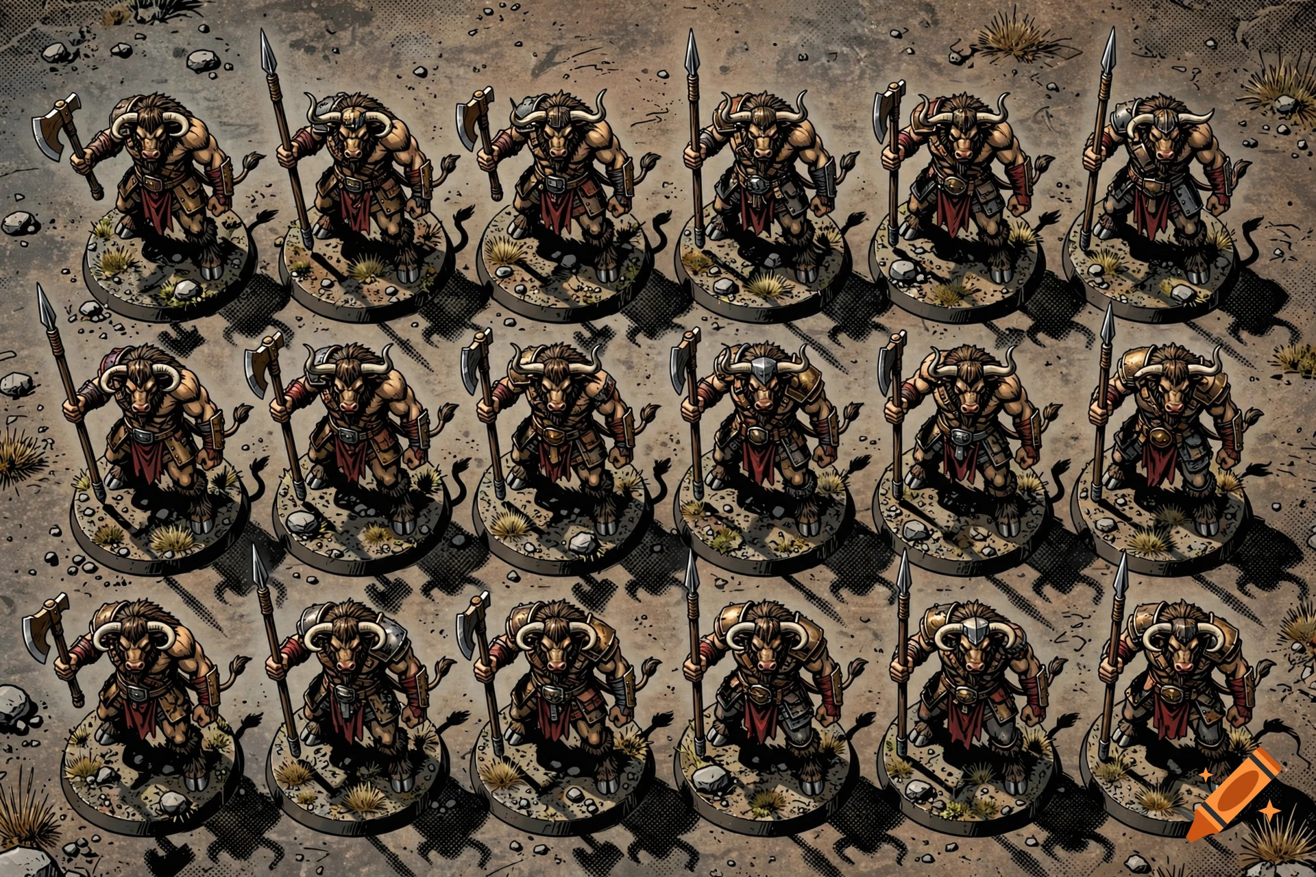 An overhead shot of eighteen minotaur miniature figurines with weapons arranged in three neat rows on a textured ground.