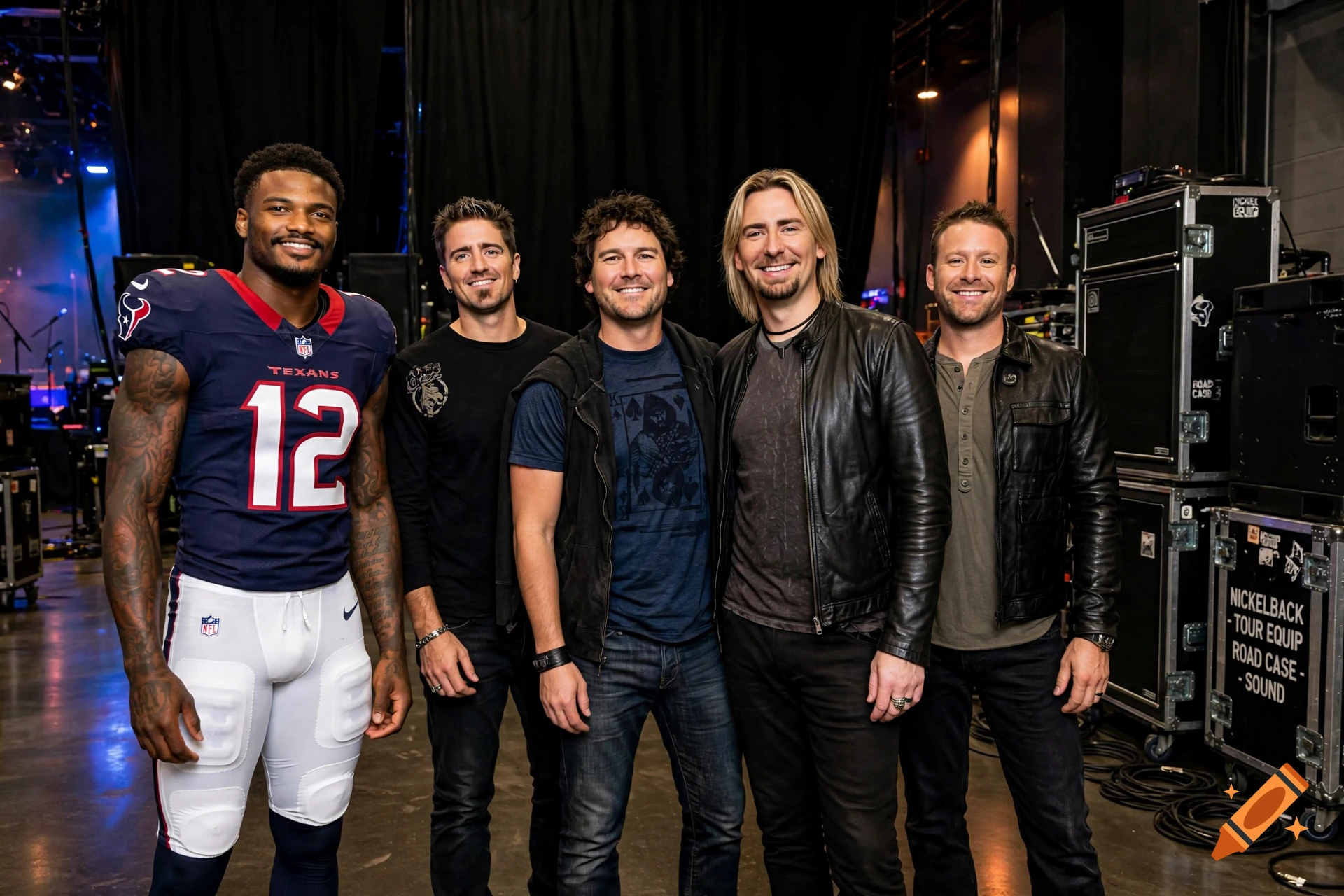Photorealistic image of NFL player Nico Collins standing alongside the rock band Nickelback backstage.