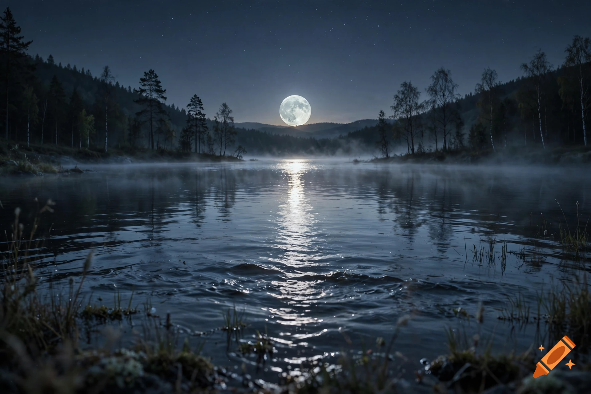 A full moon illuminates a calm river at night, with misty water and dark tree-lined shores under a starry sky.