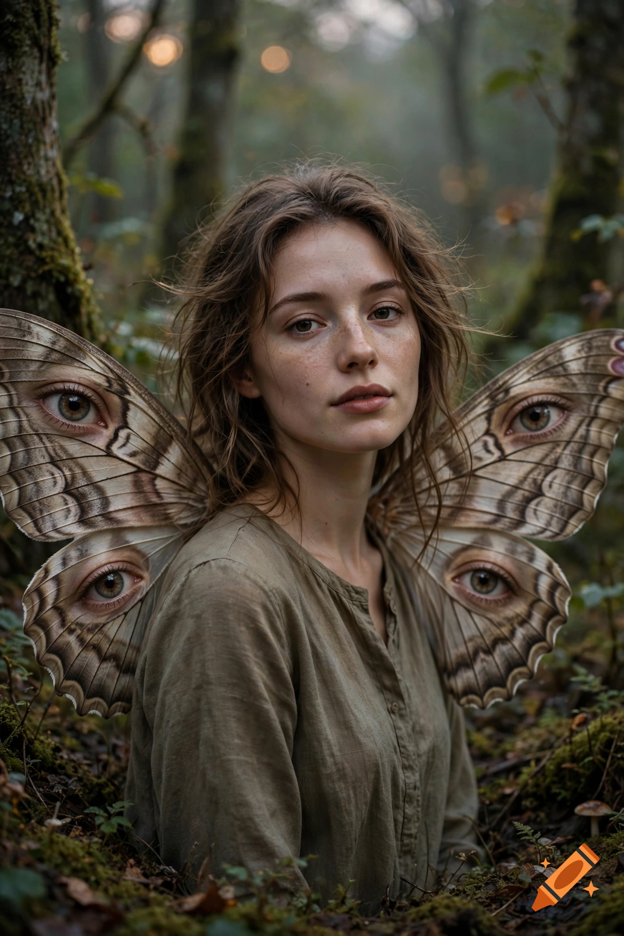Photorealistic portrait of a young woman with freckles and moth wings featuring human eyes, set in a misty forest.