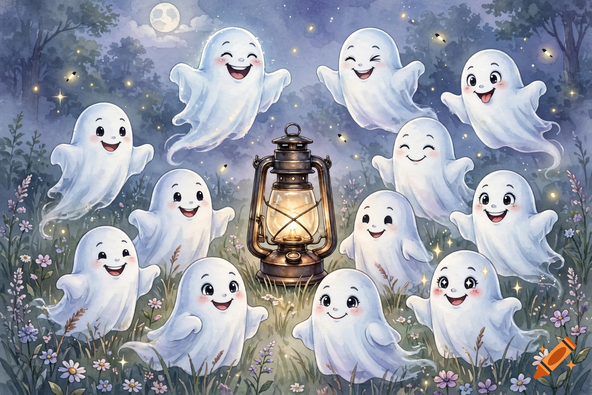 Watercolor illustration of eleven cheerful little ghosts surrounding a glowing lantern in a magical forest at night.
