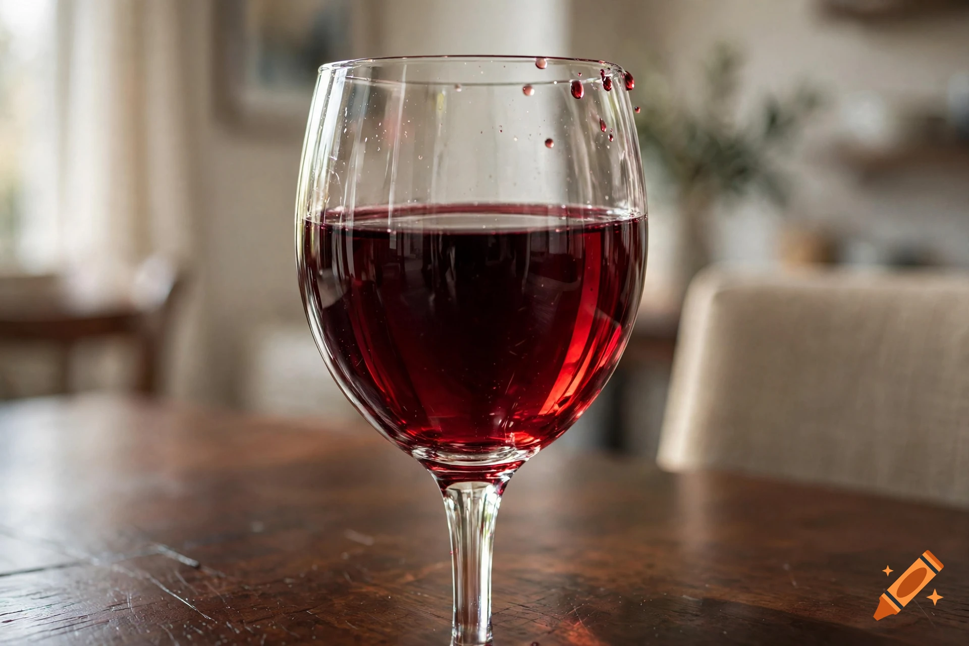 Close-up photorealistic shot of a clear wine glass filled to the brim with dark red wine on a wooden table.