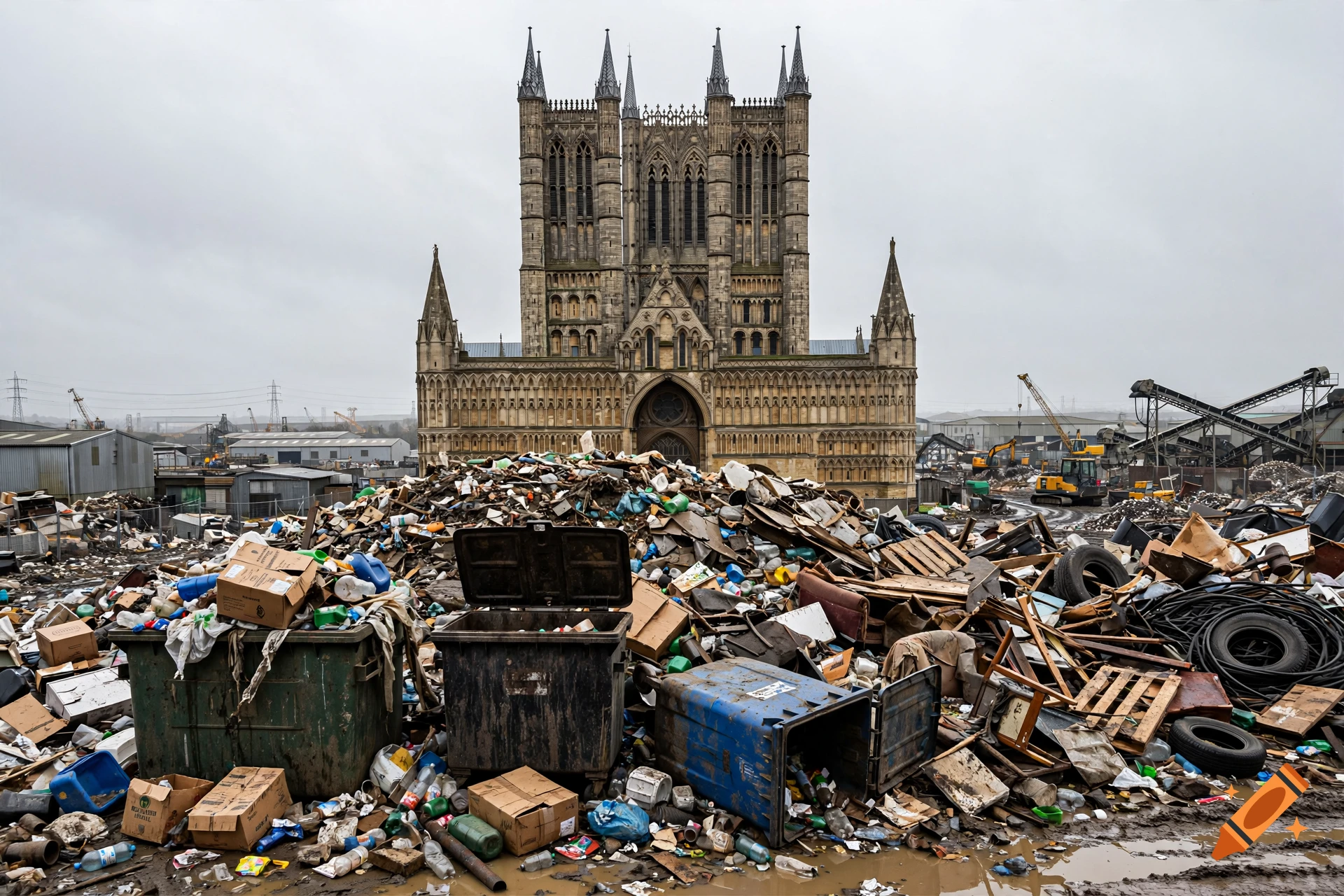 Photorealistic image of Lincoln Cathedral standing majestically behind a massive rubbish dump filled with trash and dumpsters.