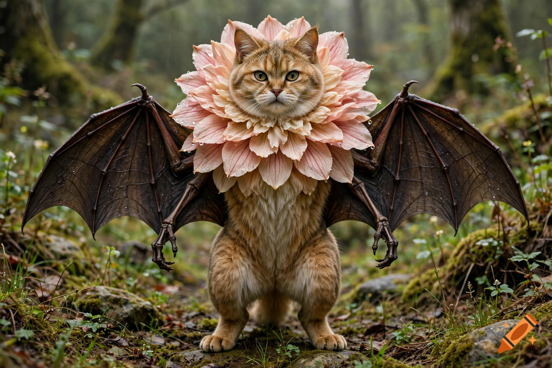 Photorealistic image of a cat with a pink flower ruff around its neck and bat wings, standing in a forest.