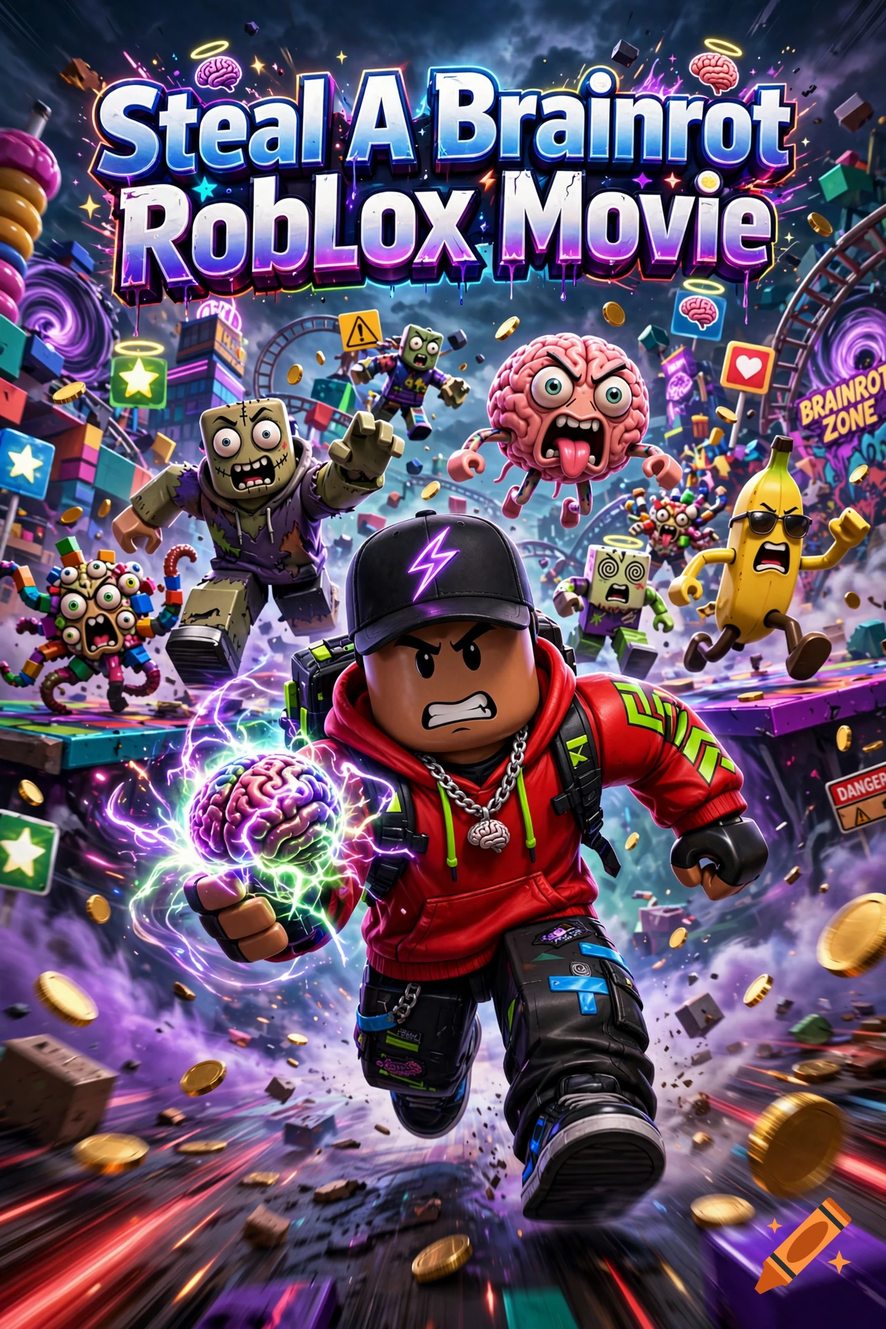 Roblox-style movie poster featuring a character running with a glowing brain, surrounded by floating brain characters and items.