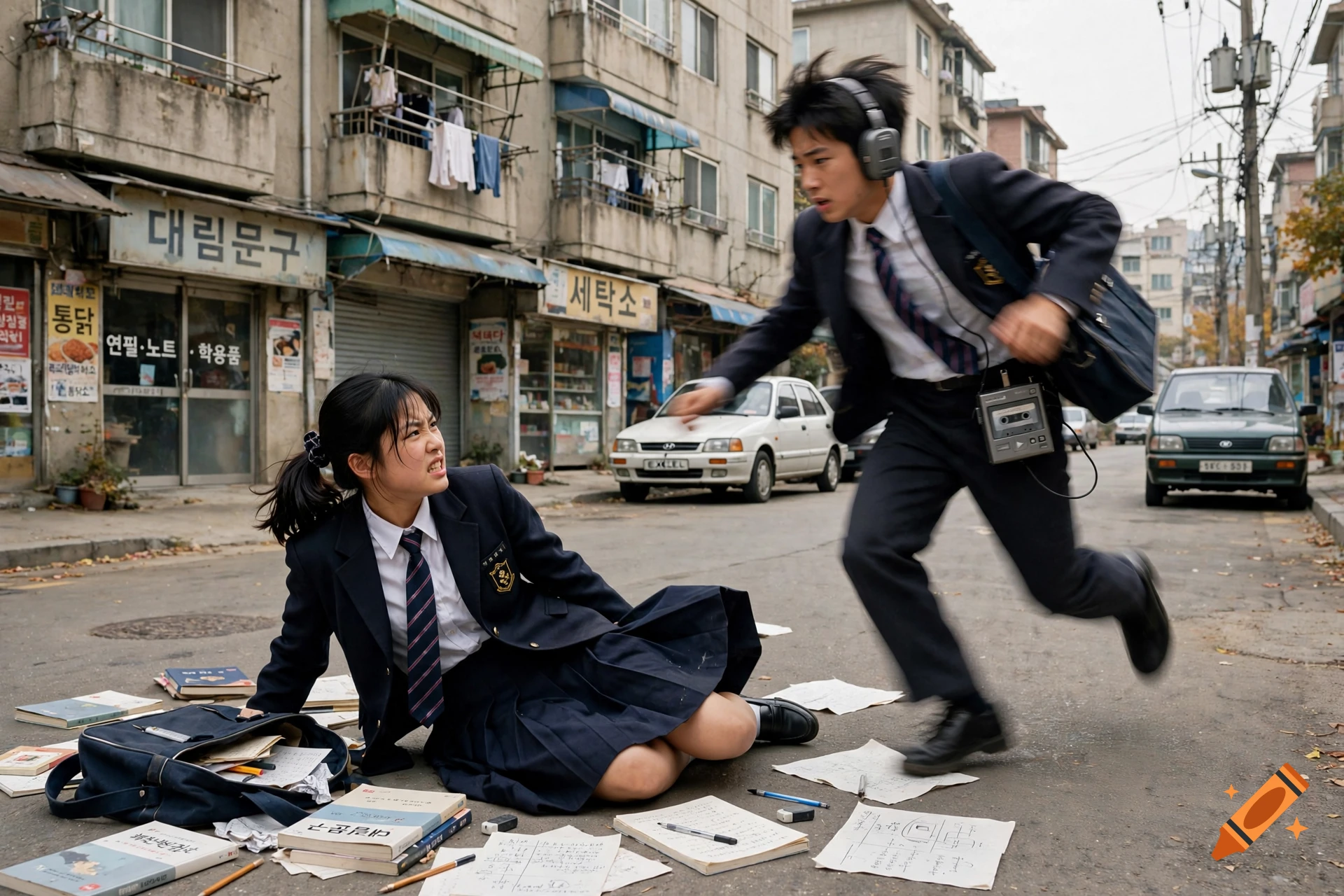 90s K-drama style scene of a school boy in a uniform running and bumping into an angry girl sitting on the street surrounded by books.