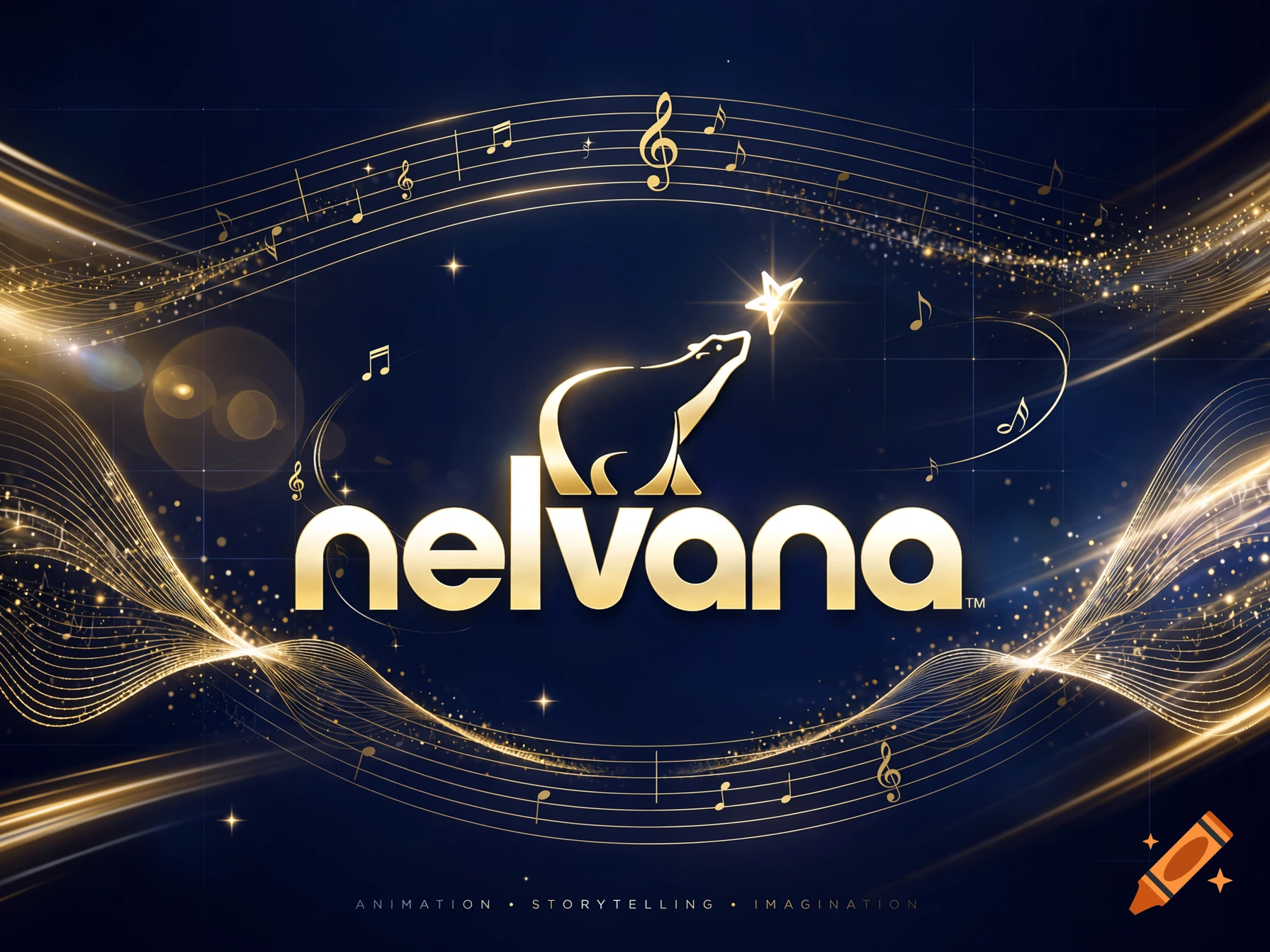 Golden Nelvana logo featuring a polar bear reaching for a star, surrounded by glowing musical staves on a dark blue background.