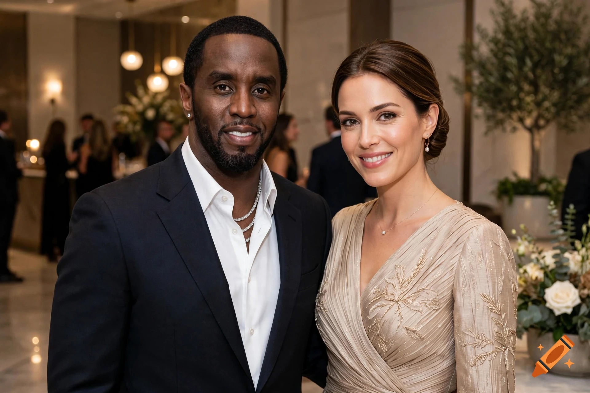 Photorealistic portrait of a man and woman smiling together at an indoor event.