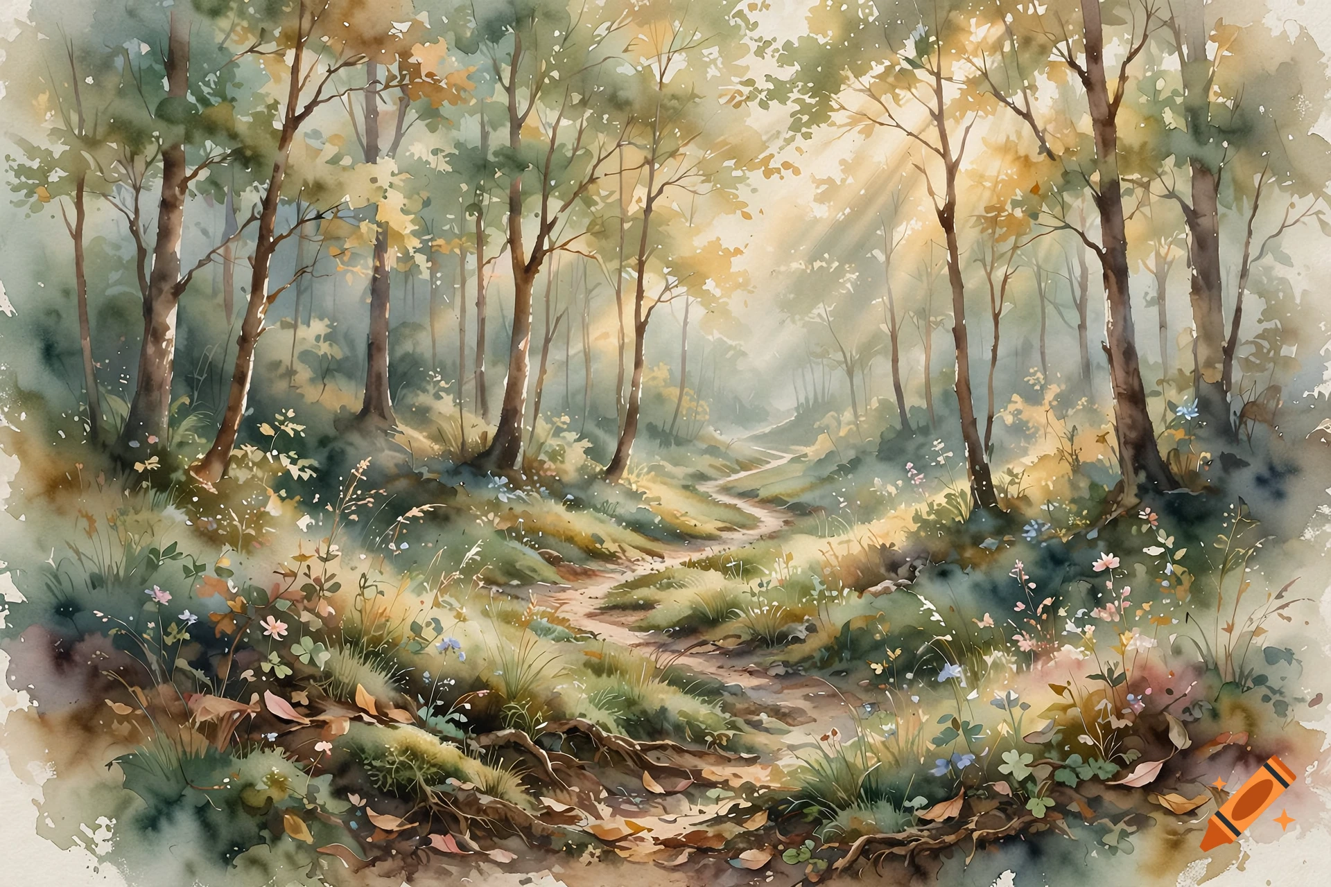 Watercolor painting of a sunlit forest path winding through trees and wildflowers.