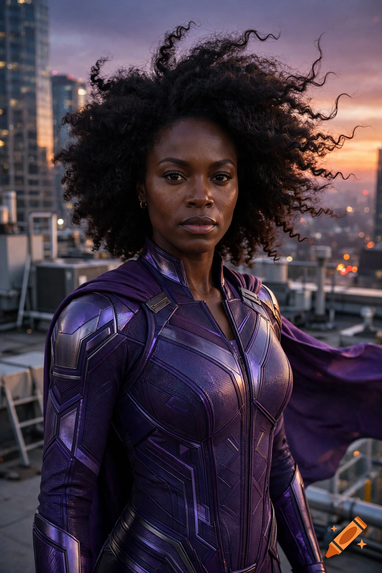 Photorealistic portrait of a Black woman superhero with an afro and a detailed purple suit on a rooftop at sunset.