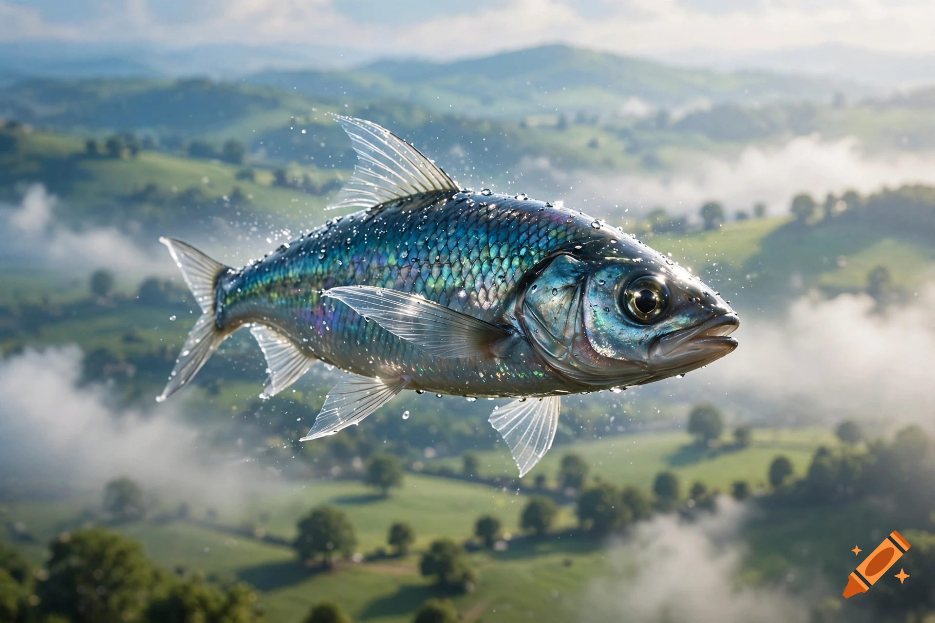 Photorealistic image of a fish flying through the air with water droplets against a green landscape with rolling hills and fog.