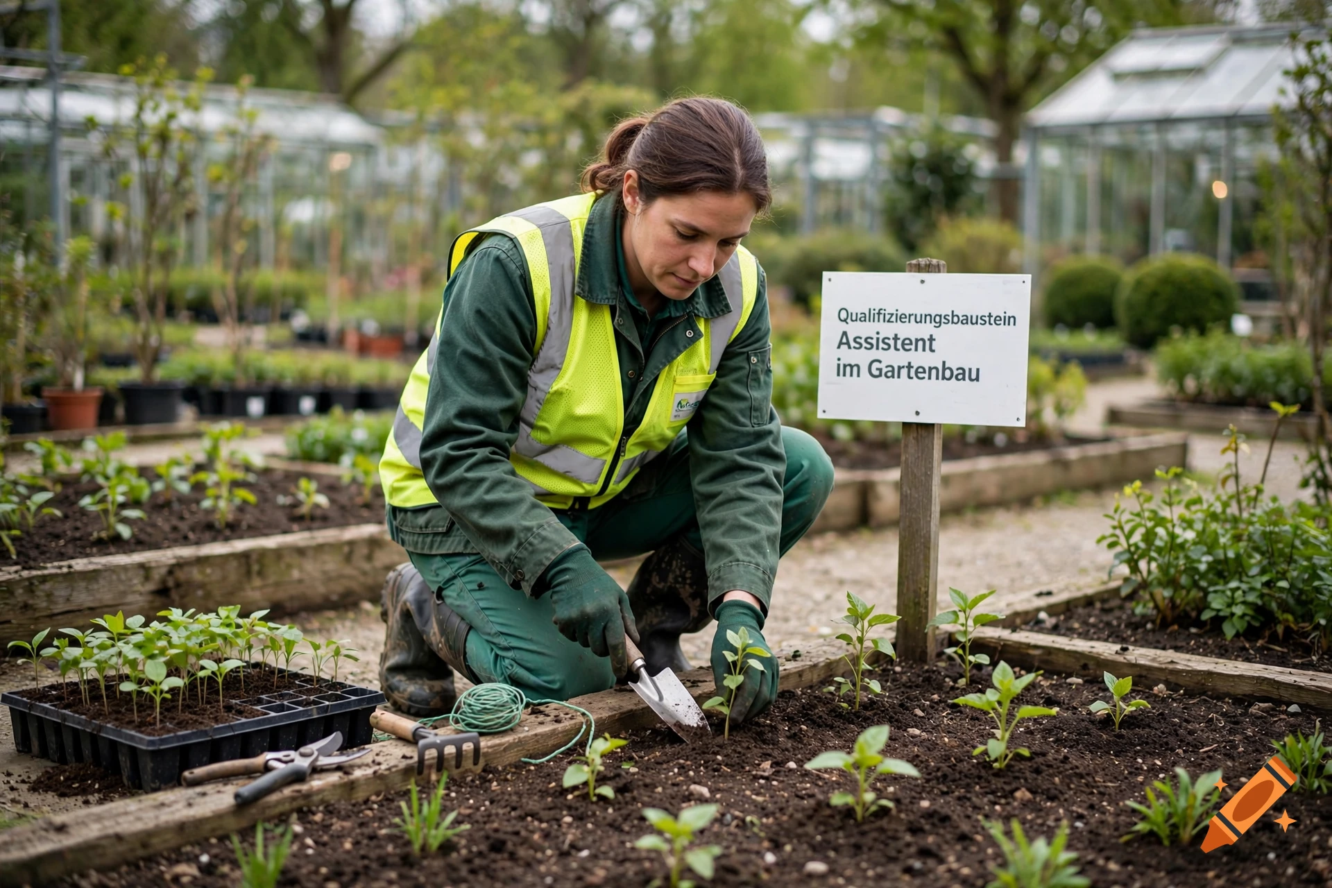A female gardener in a high-vis vest and green work clothes planting seedlings in raised beds, with a sign reading 'Qualifizierungsbaustein Assistent im Gartenbau'.