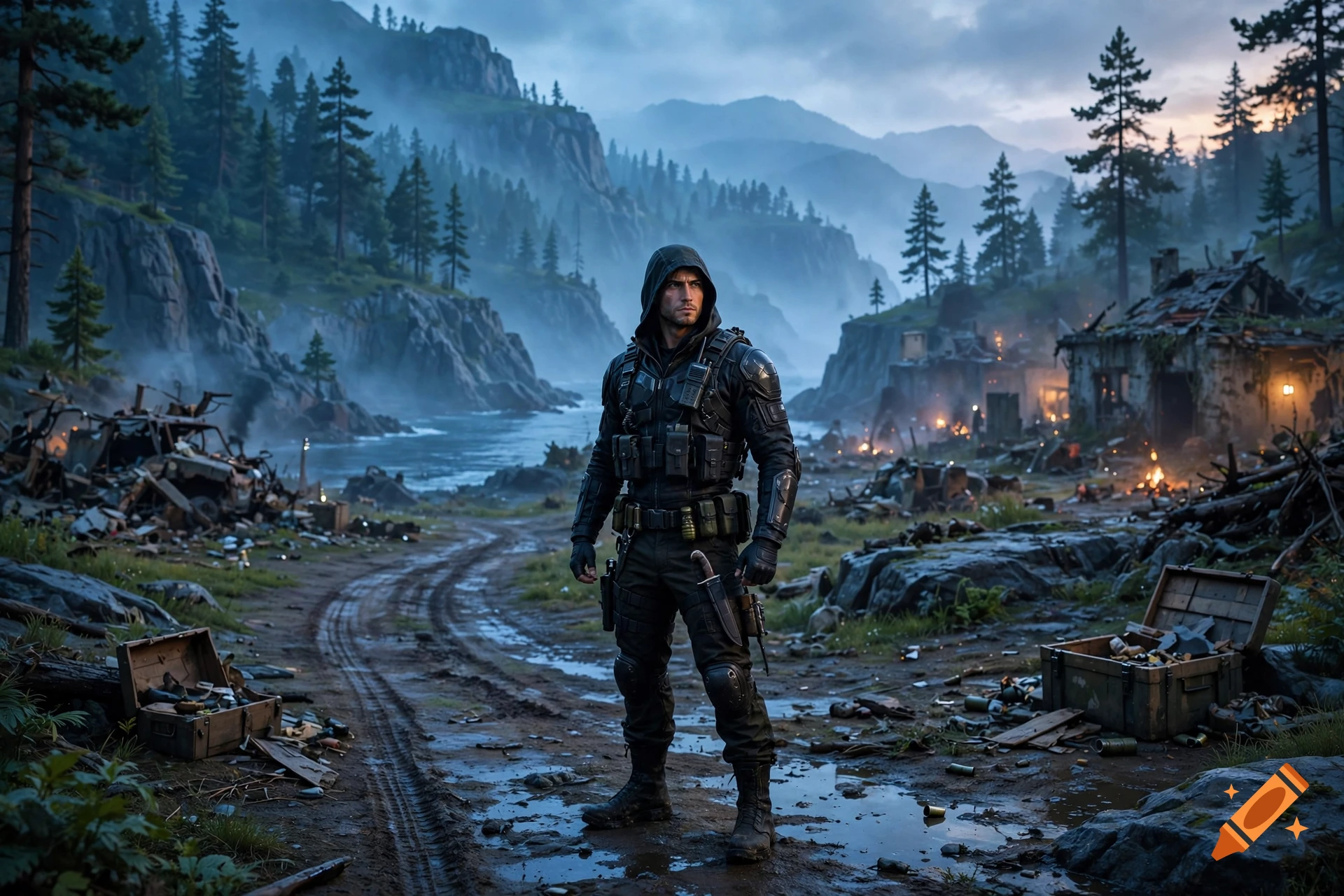 A tactical soldier in a hooded jacket stands in a rugged landscape with ruined buildings and mountains in the background.