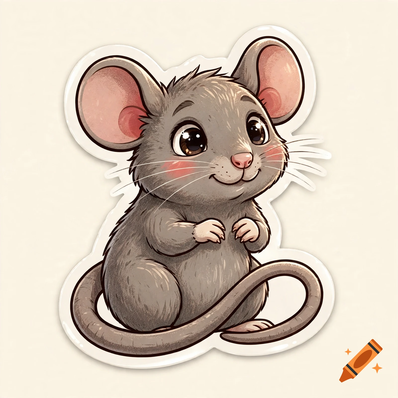 Cute cartoon gray rat sticker with big ears, shiny eyes, and a long tail.
