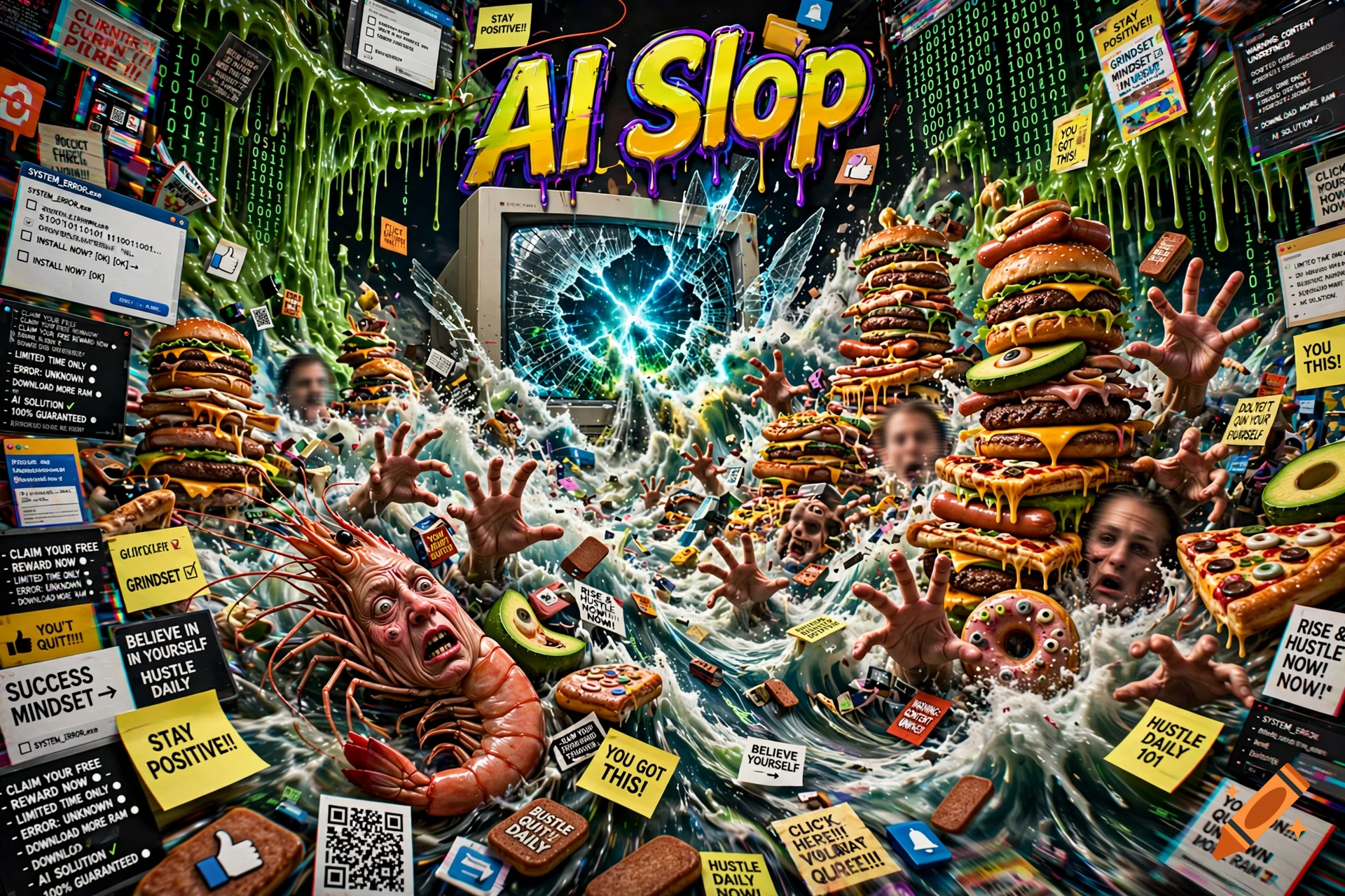 Surreal digital collage of a tsunami of bizarre AI food, meme text, and floating elements crashing out of a broken monitor.