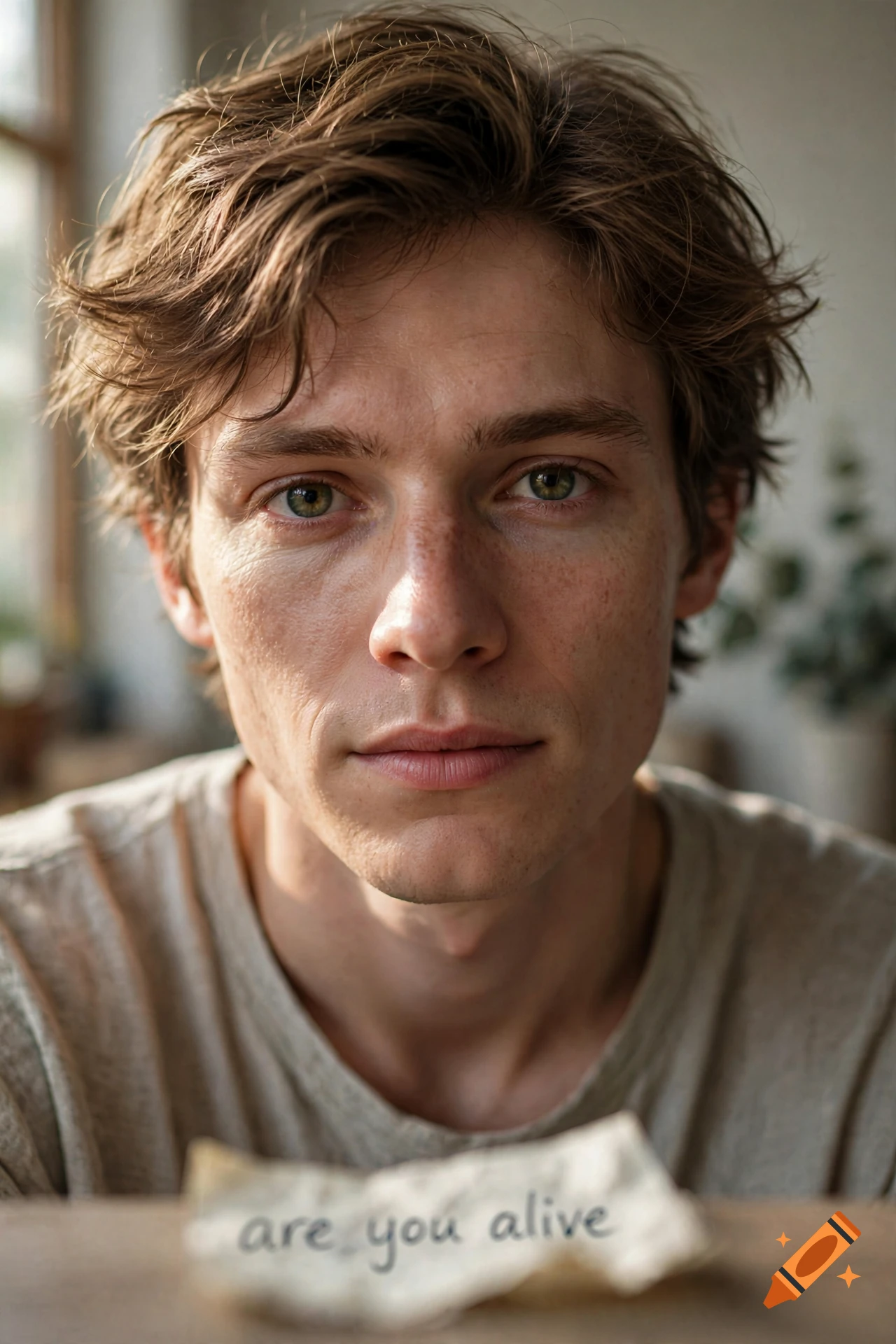Close-up photorealistic portrait of a young man with brown hair and green eyes looking forward, holding a small note with text.