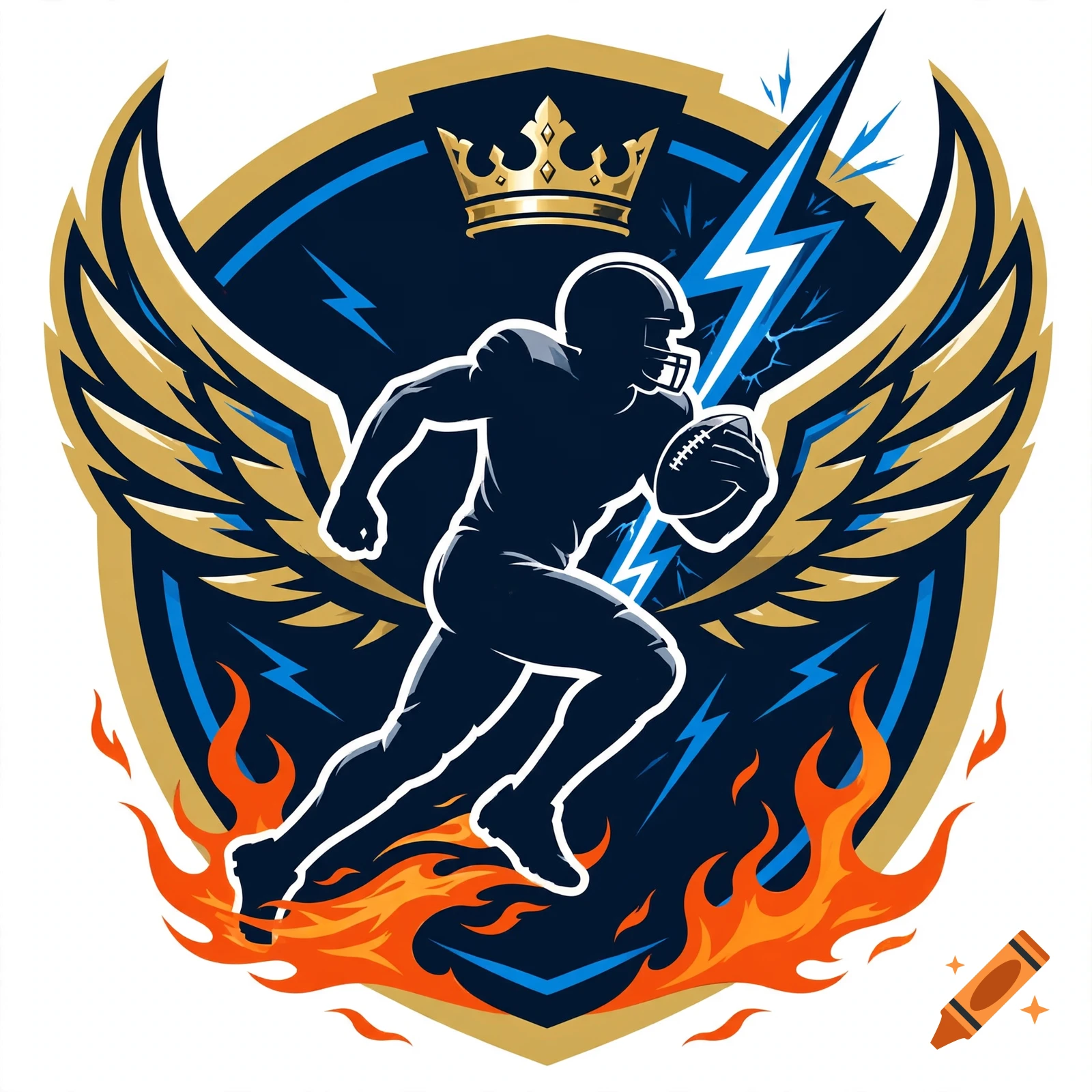A stylized sports logo featuring a running football player silhouette with a crown, wings, lightning, and flames.
