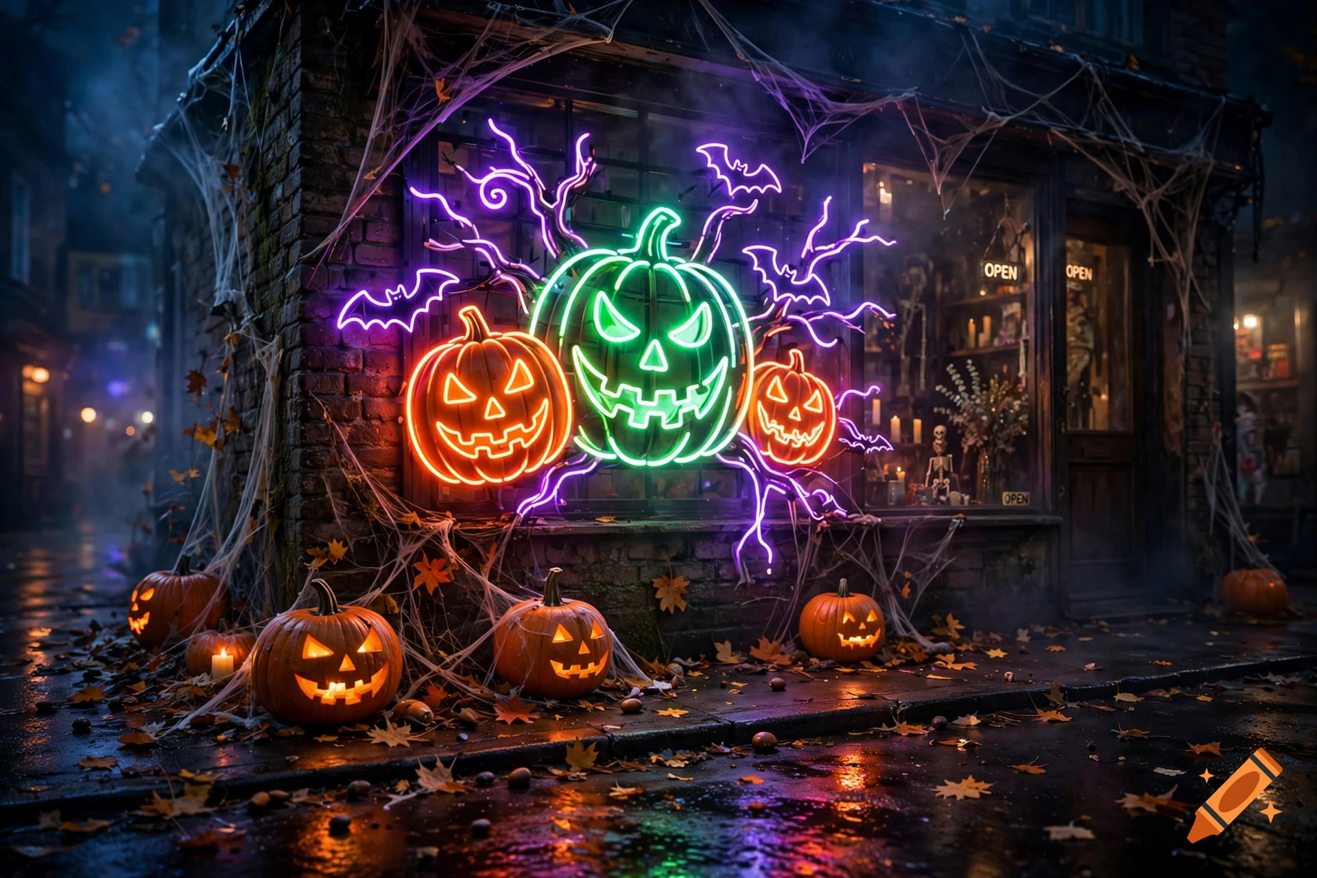 Photorealistic nighttime street scene featuring a storefront decorated with neon Halloween pumpkins, spiderwebs, and lit pumpkins on the wet pavement.