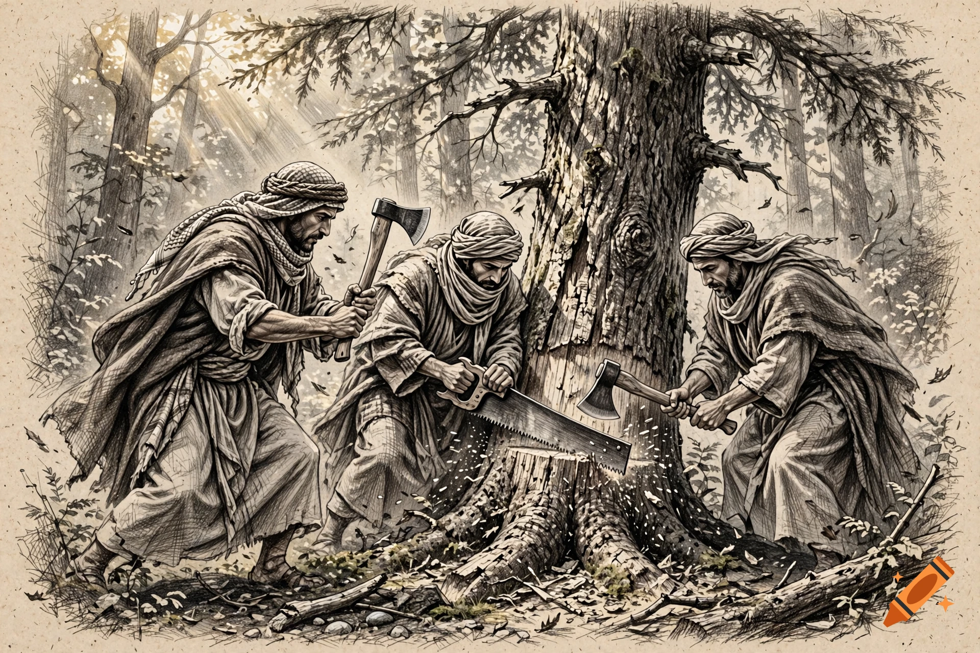 Pencil sketch of three Bedouin men in traditional clothing felling a cedar tree in a forest using an ax and a handsaw.
