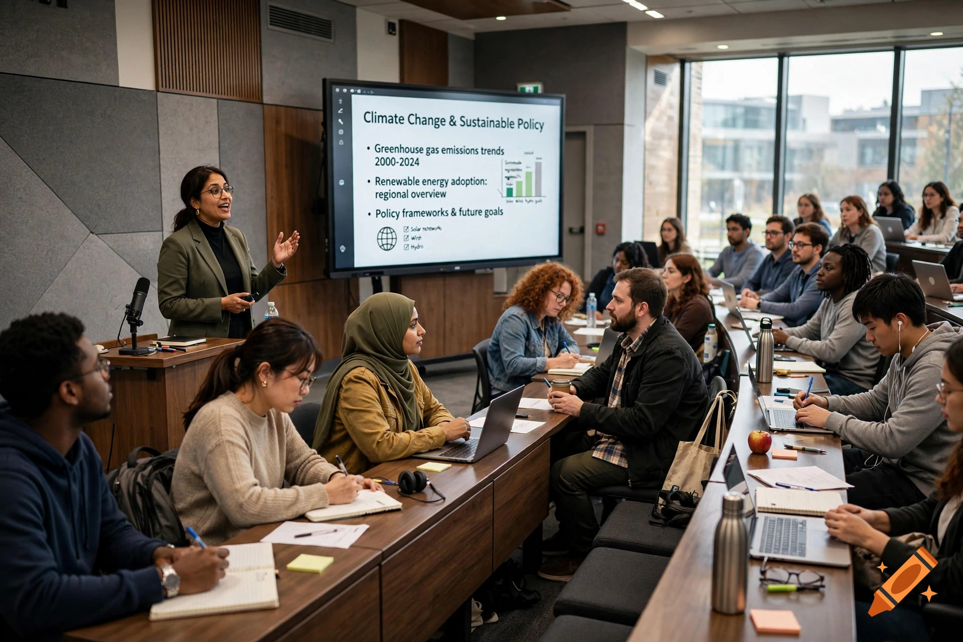 A diverse group of university students listening to a female professor presenting in a modern lecture hall, photorealistic.