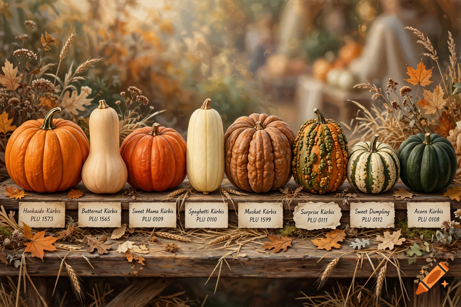 Photorealistic display of various pumpkins and squash arranged on a rustic wooden table with autumn leaves.