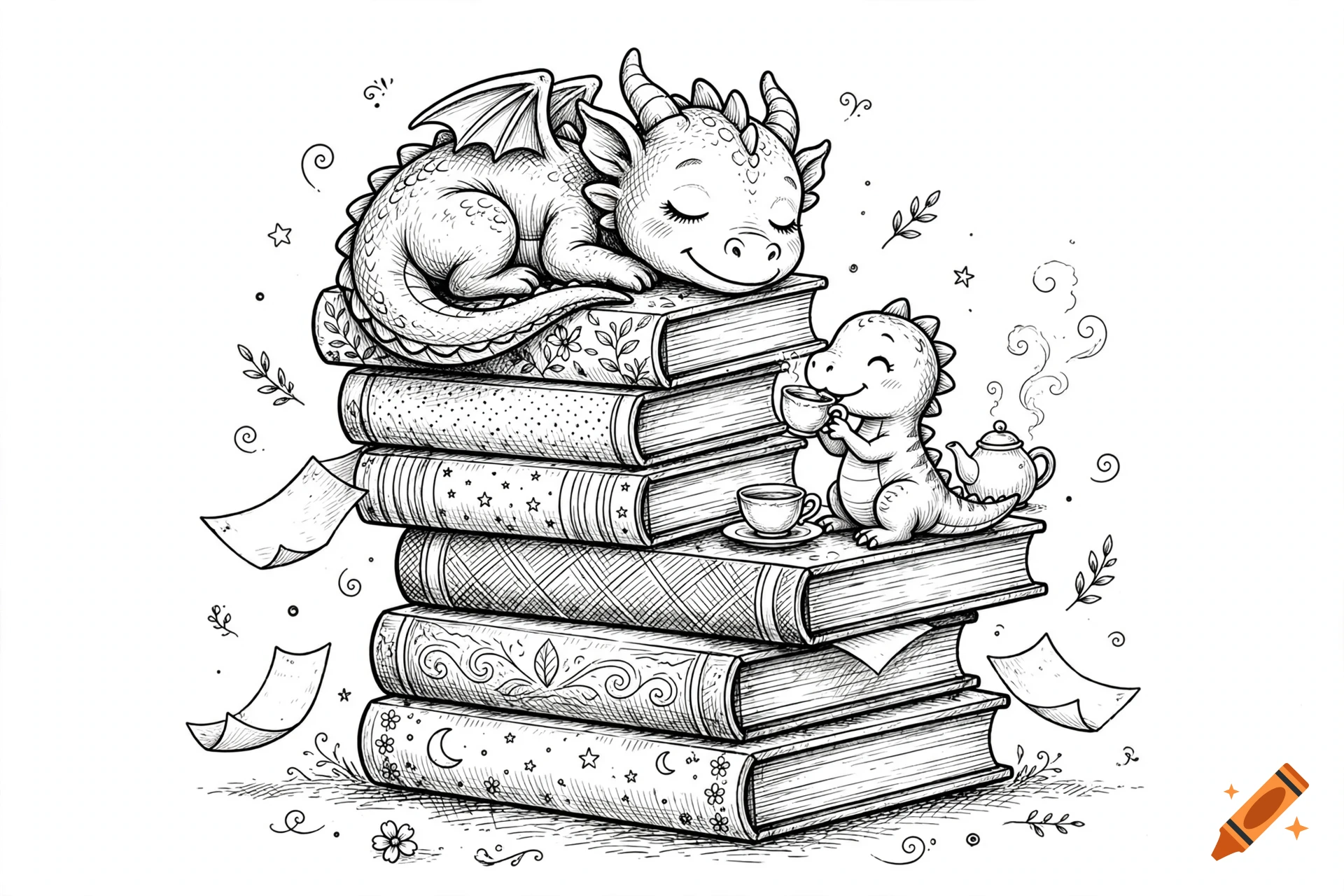 Black and white line drawing of a cute sleeping dragon on a stack of books with a small dinosaur drinking tea.