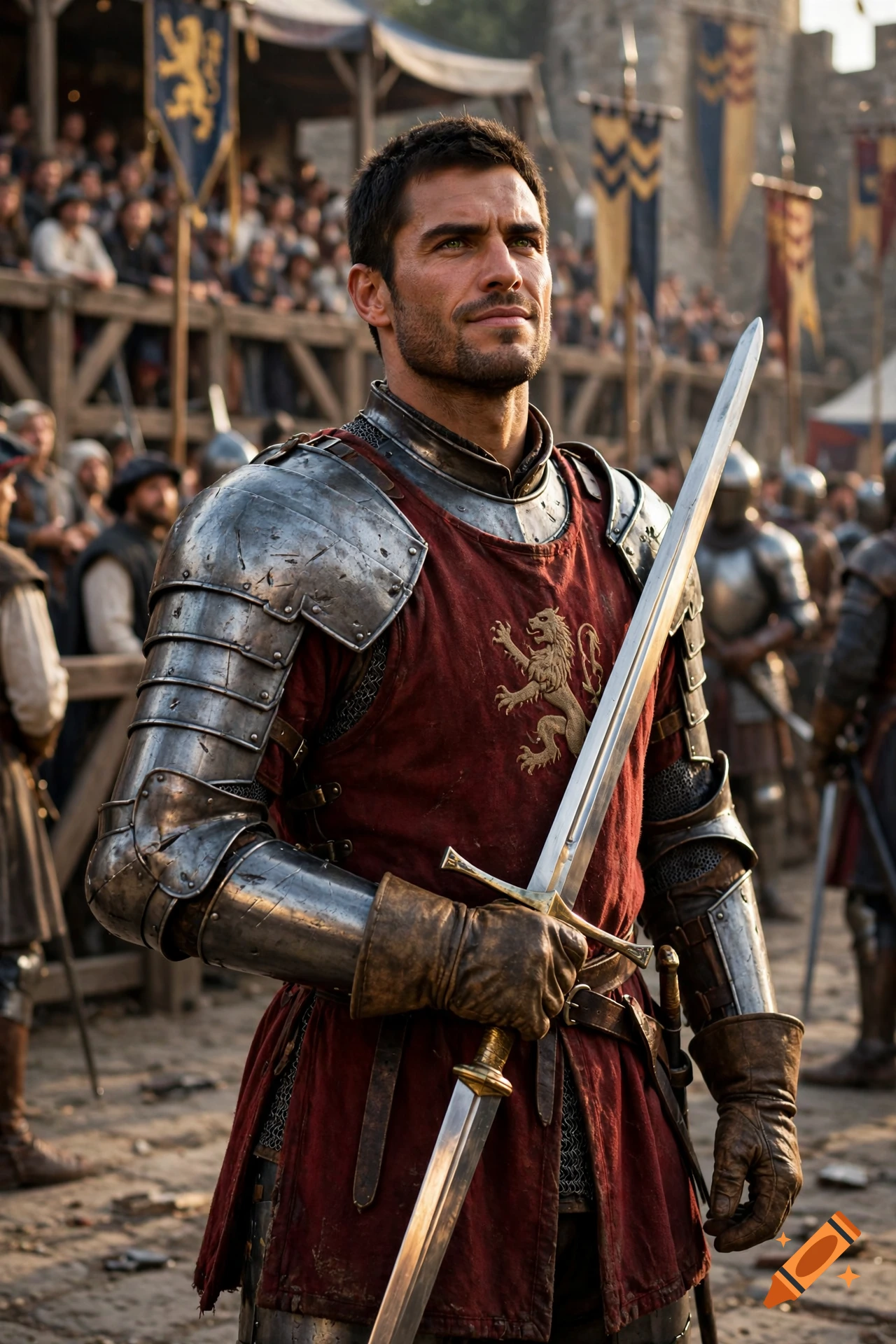 Photorealistic portrait of a medieval knight in a red tunic and metal armor, holding a sword in a courtyard.