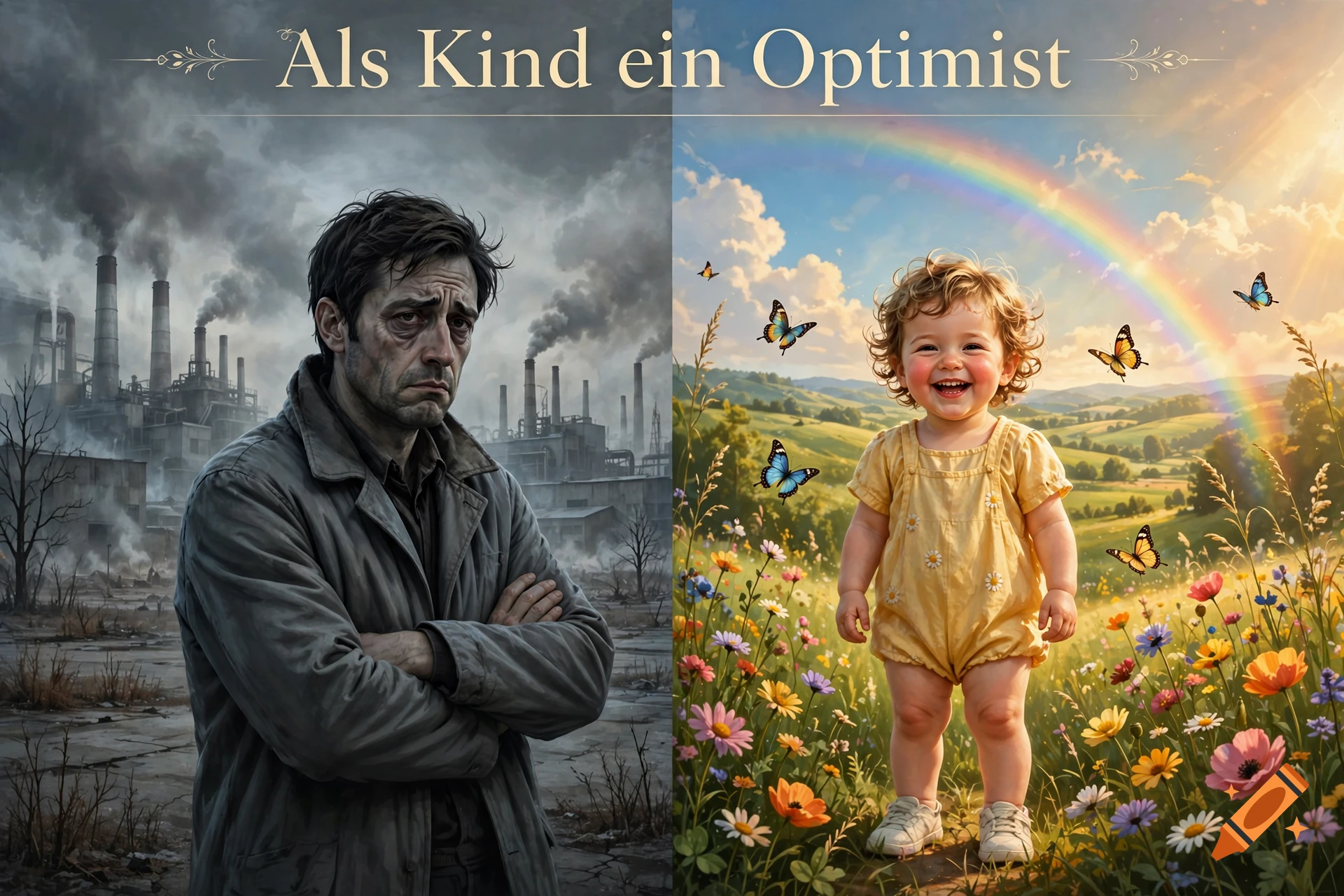 A split image contrasting a gloomy, industrial grayscale scene featuring a sad man with a vibrant, sunny landscape of a smiling toddler among flowers, butterflies, and a rainbow.