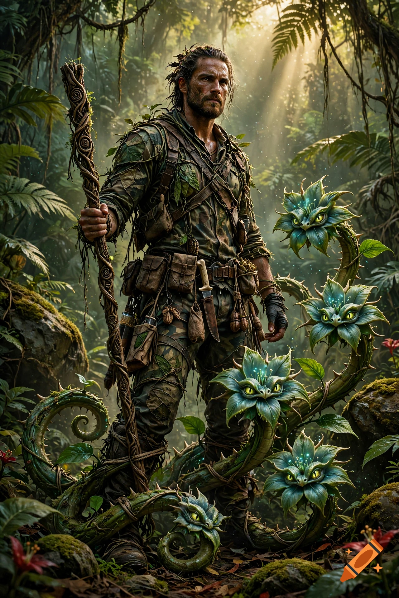 Photorealistic image of a rugged survival hunter holding a staff in a lush jungle, accompanied by glowing hydra-style plant creatures.