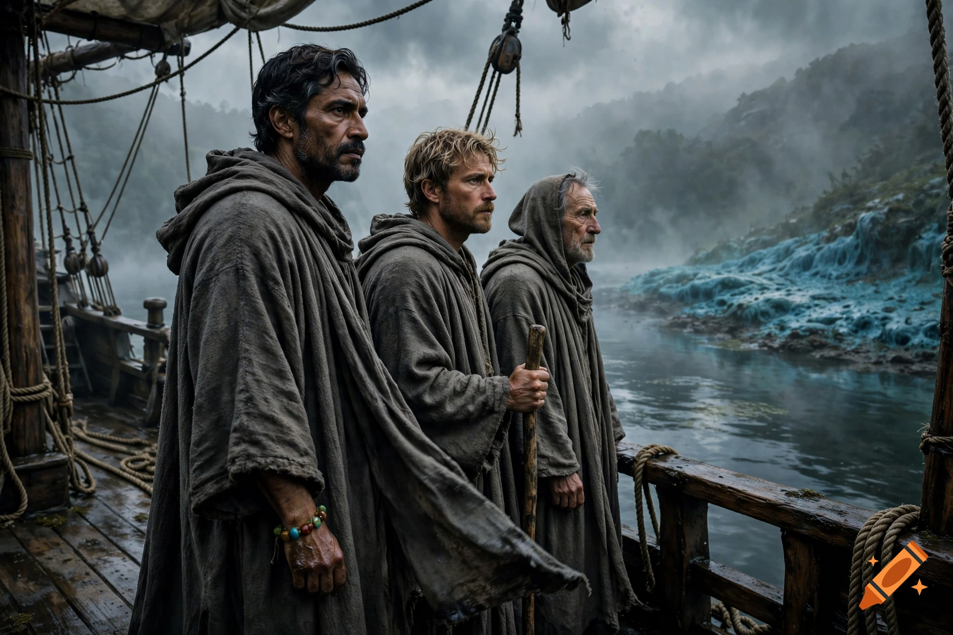 Photorealistic scene of three men in hooded robes standing on a traditional wooden ship's deck, looking at a mist-covered shore.