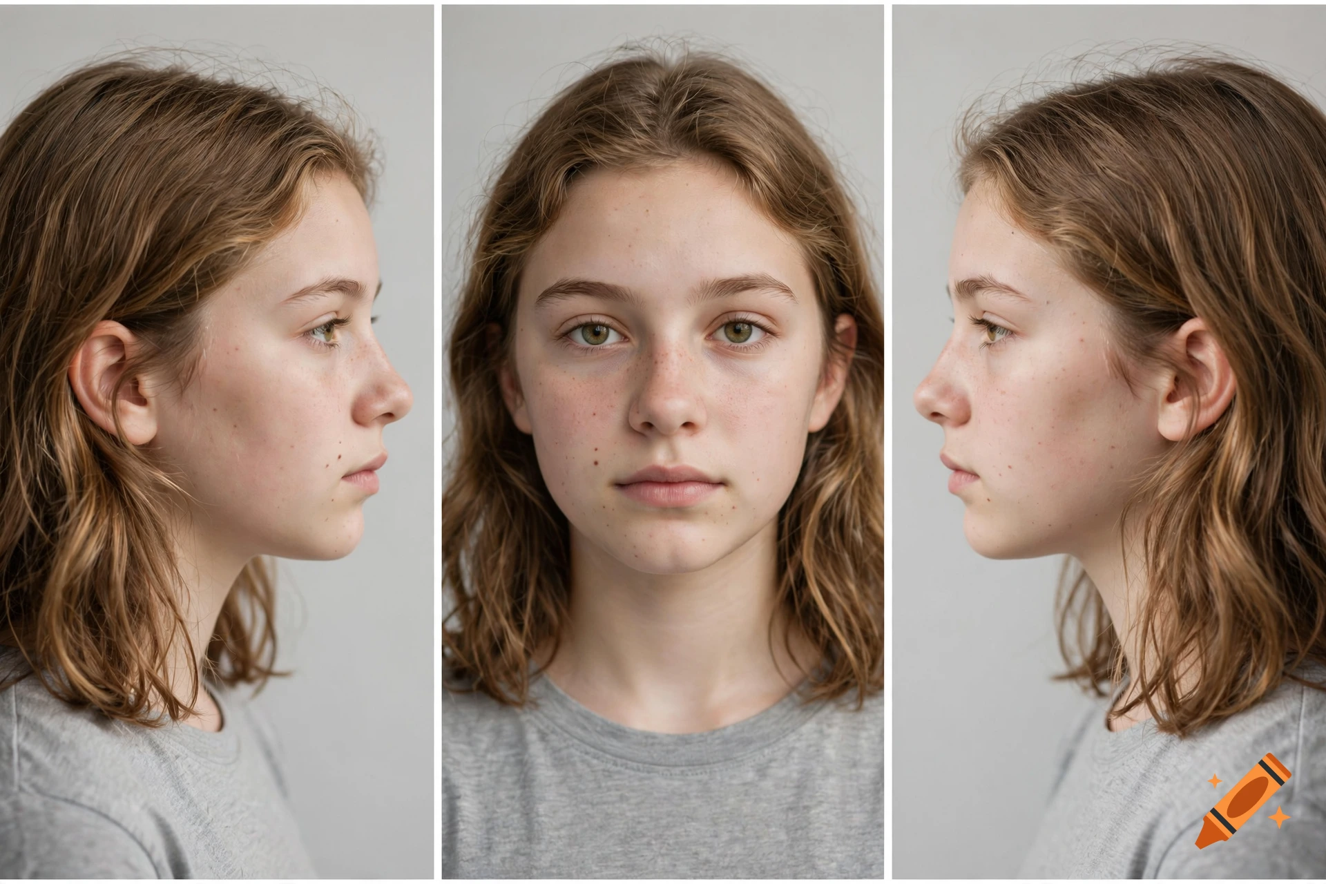 Photorealistic triptych showing a teenage girl with freckles and brown hair from three different angles: profile left, front, and profile right.