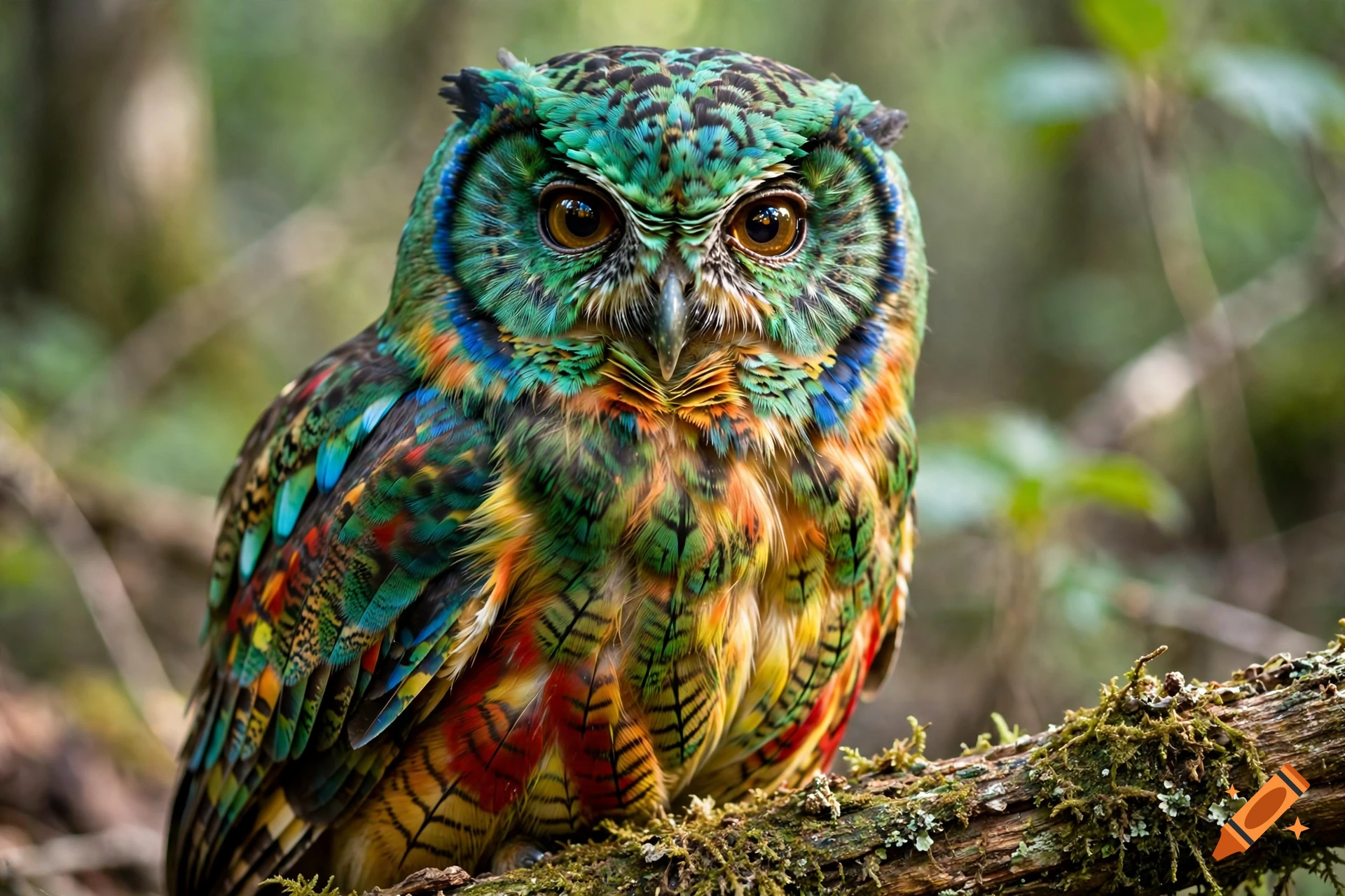 Close-up photorealistic shot of a colorful owl perched on a mossy branch in a forest.
